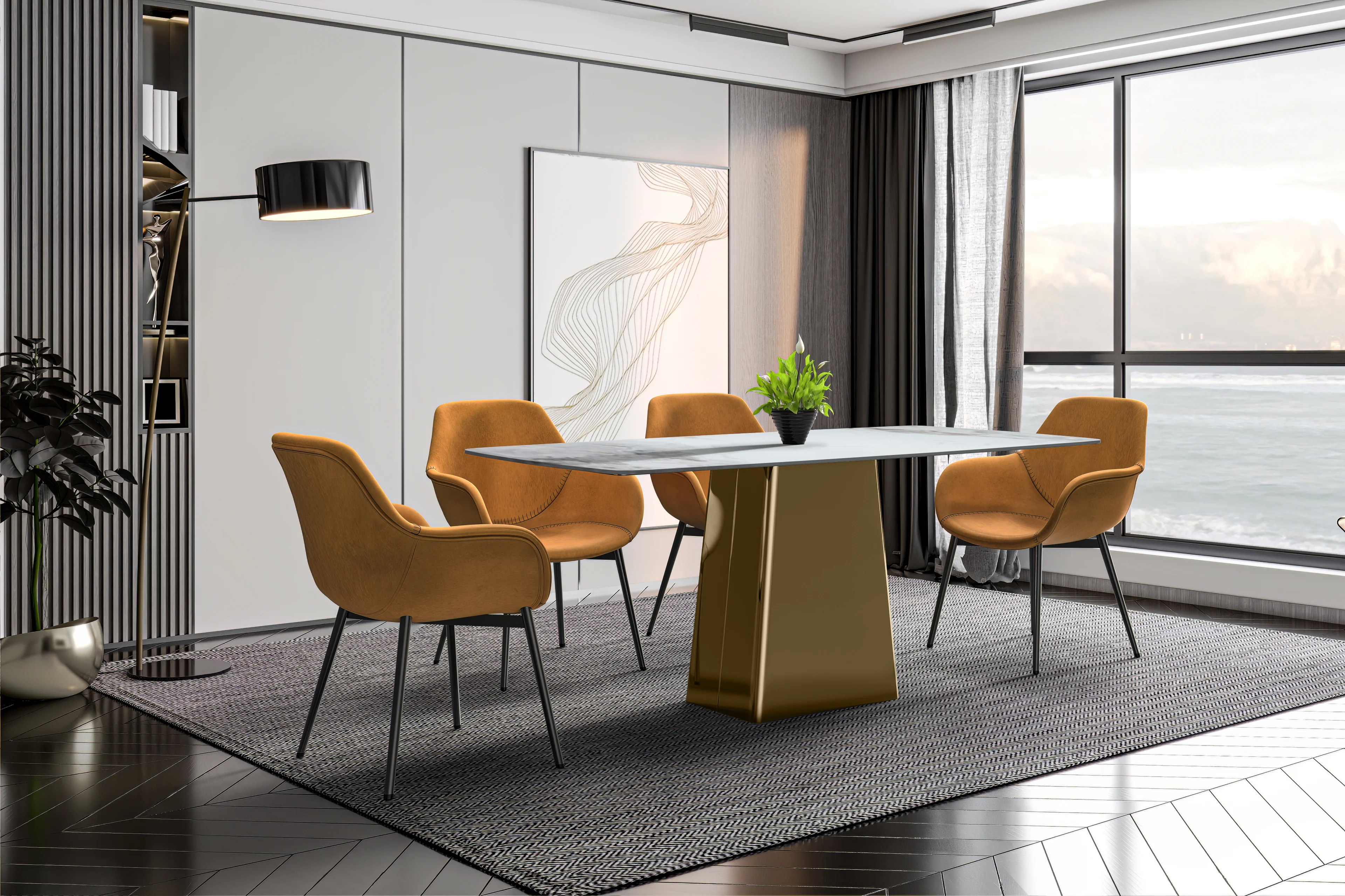 Quinix Series Dining Table, Gold Base With 62" Medium Grey Sintered Stone Top