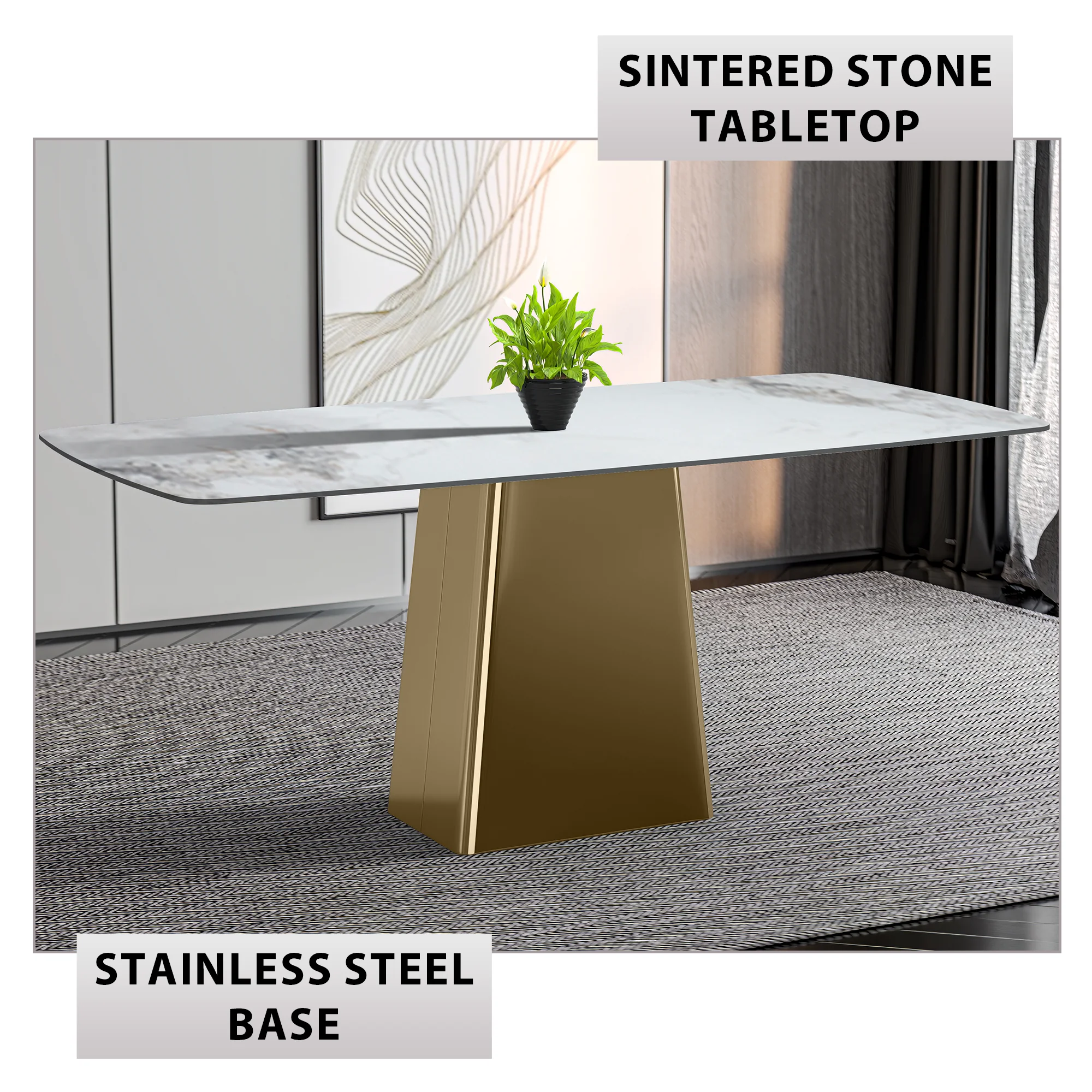 Quinix Series Dining Table, Gold Base With 62" Medium Grey Sintered Stone Top