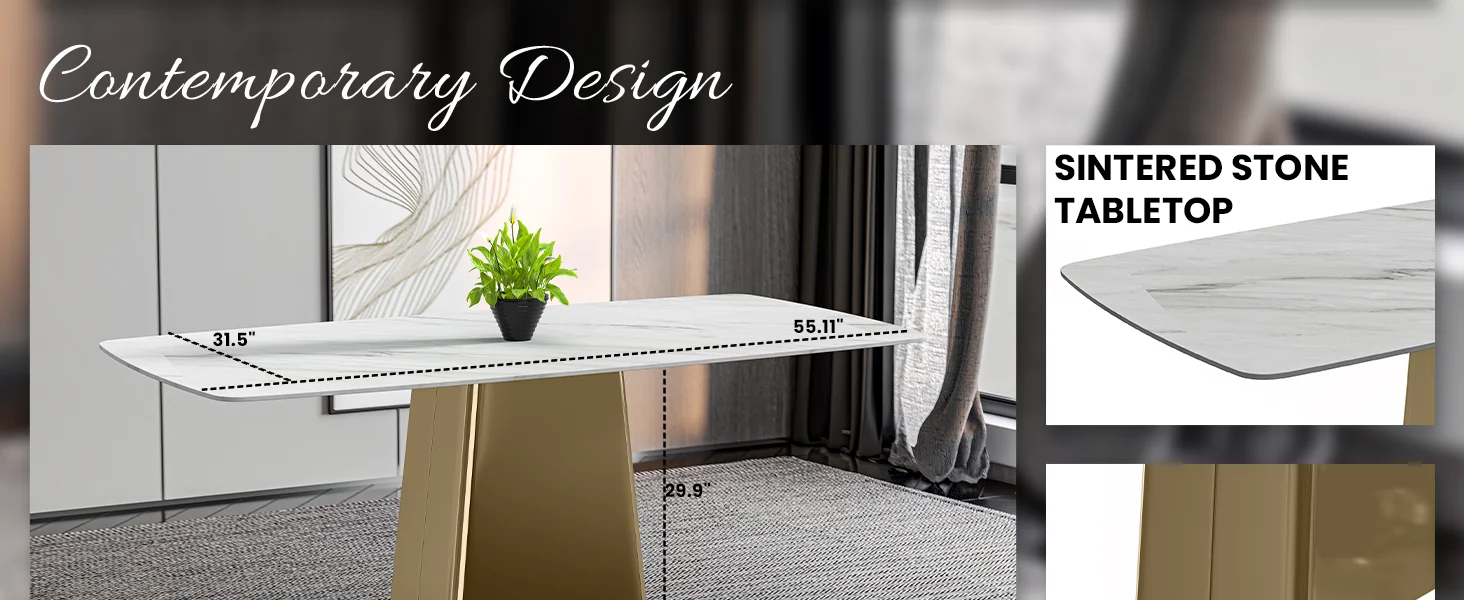 Quinix Series Dining Table, Gold Base With 62" White Sintered Stone Top