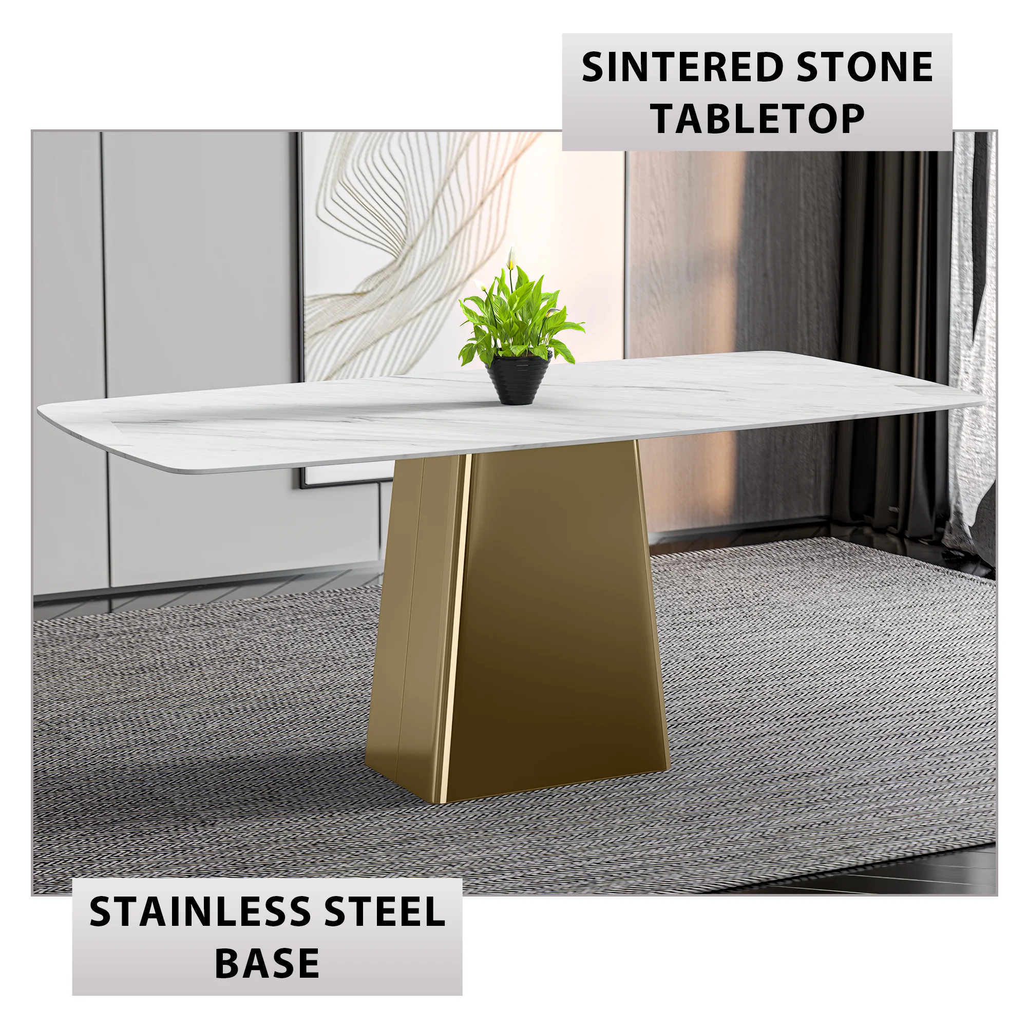 Quinix Series Dining Table, Gold Base With 62" White Sintered Stone Top
