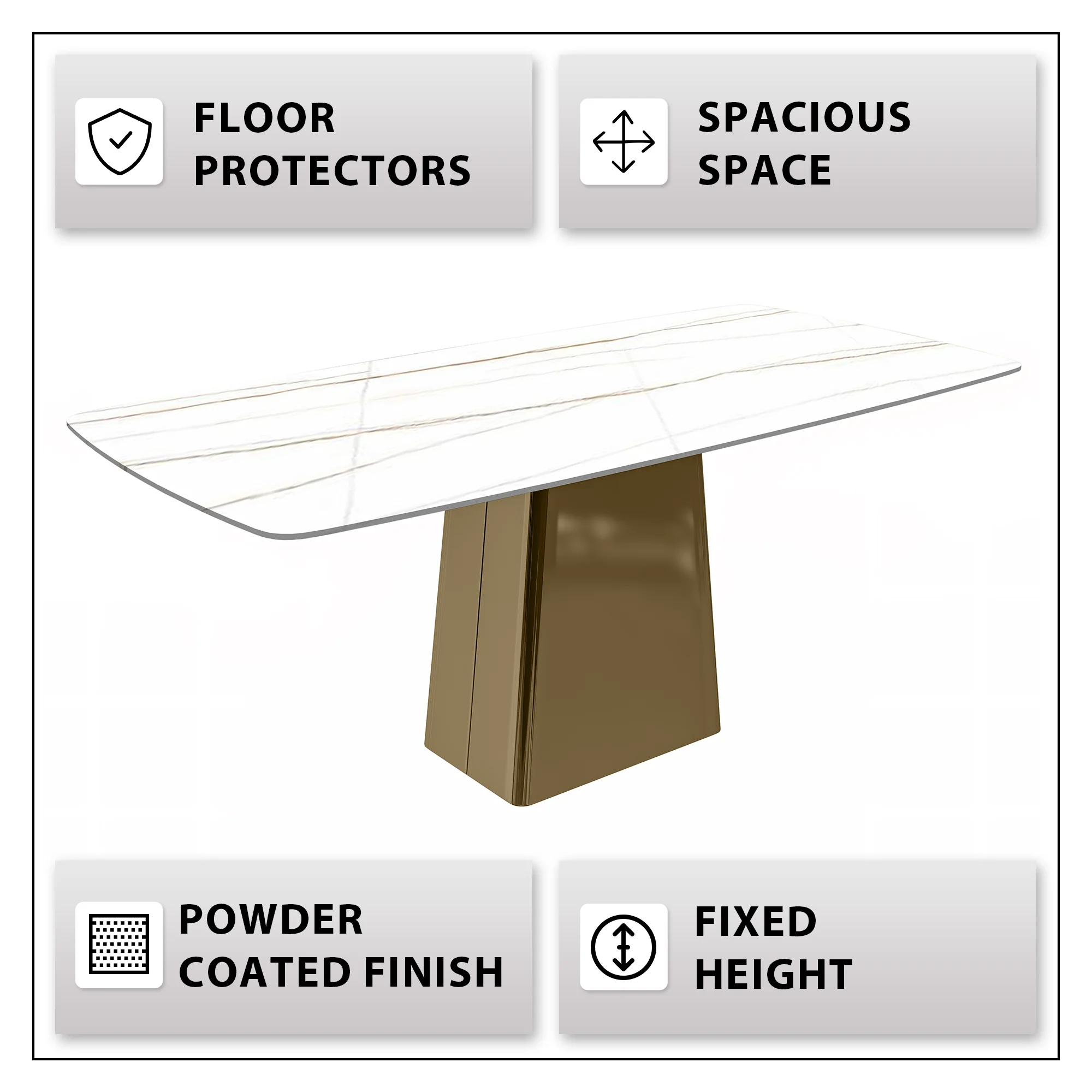 Quinix Series Dining Table, Gold Base With 62" White/Gold Sintered Stone Top