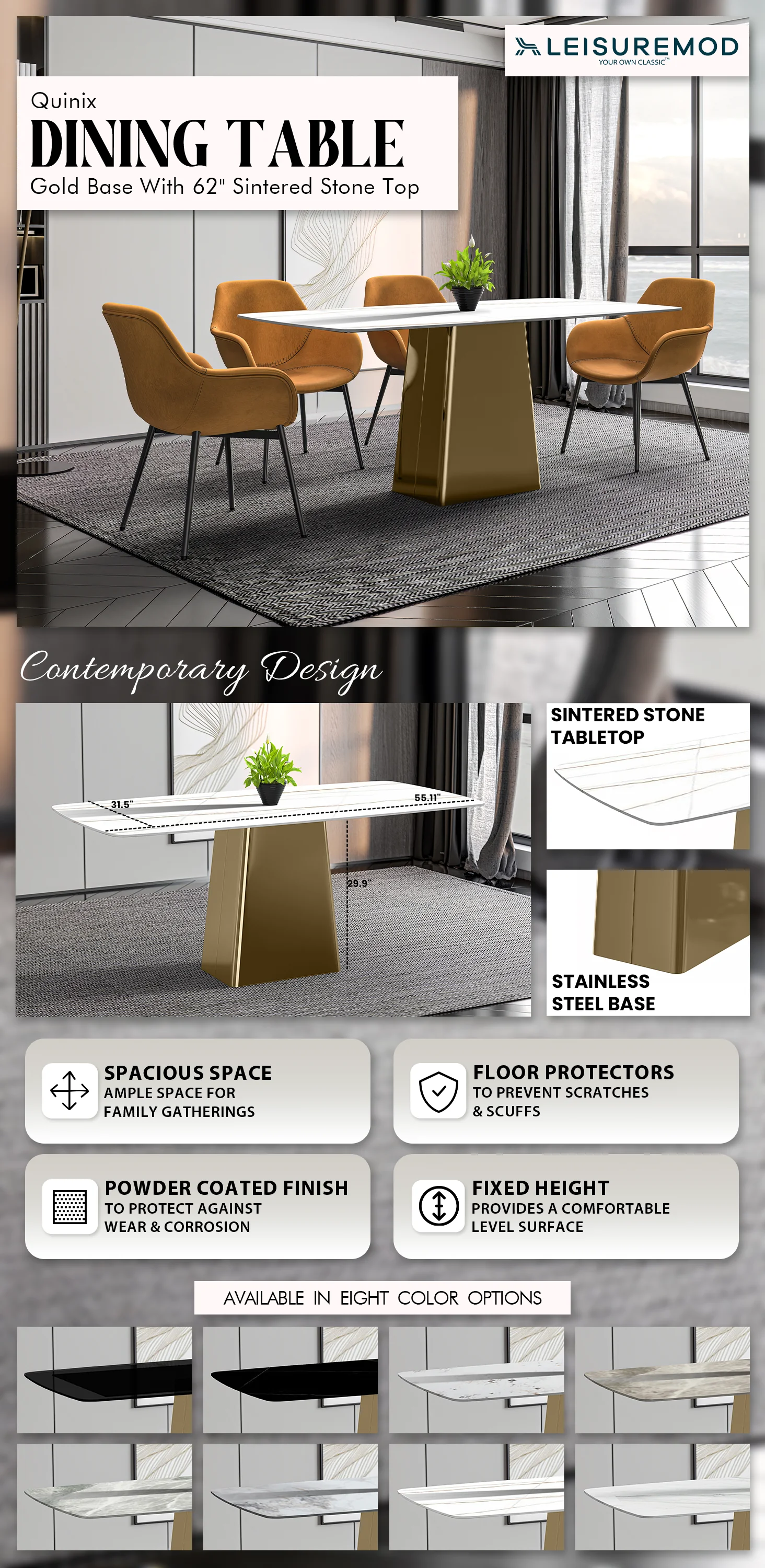 Quinix Series Dining Table, Gold Base With 62" White/Gold Sintered Stone Top