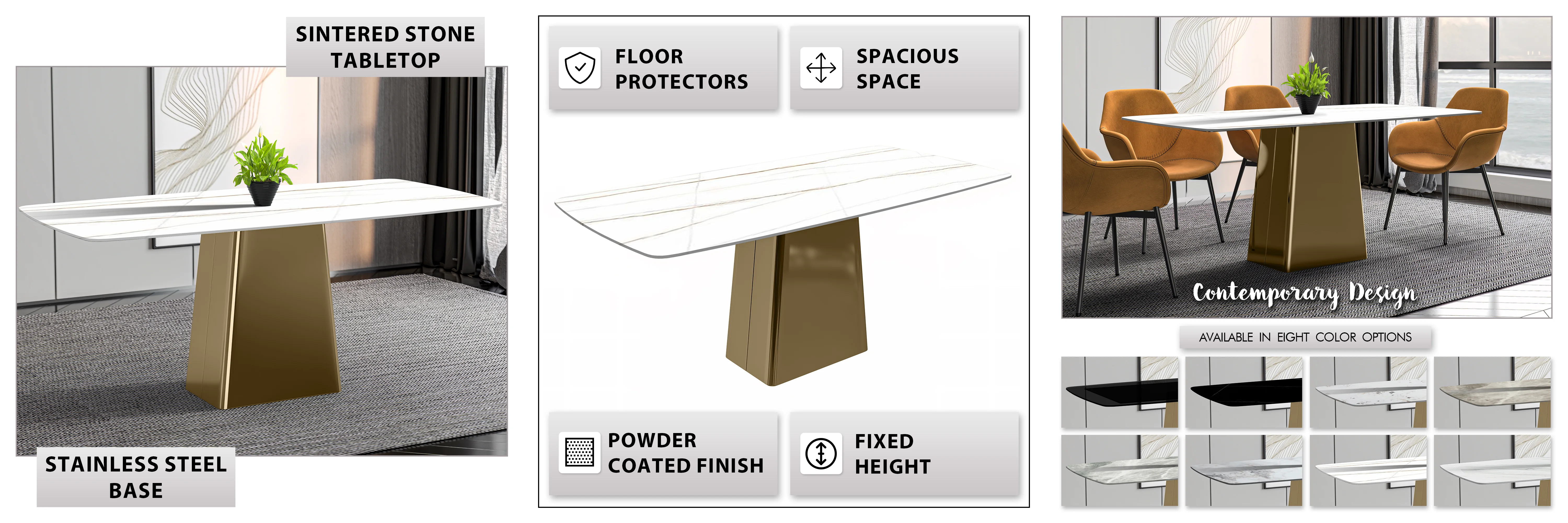 Quinix Series Dining Table, Gold Base With 62" White/Gold Sintered Stone Top
