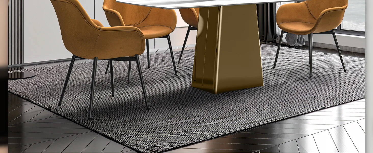 Quinix Series Dining Table, Gold Base With 62" White/Gold Sintered Stone Top