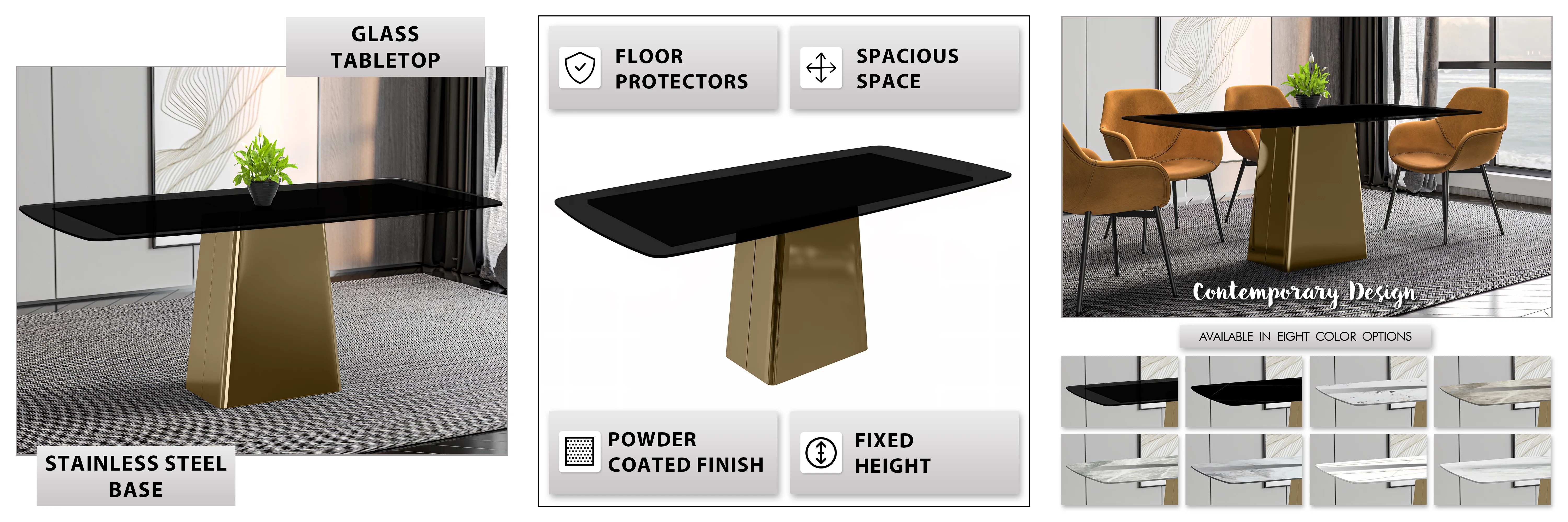 Quinix Series Dining Table, Gold Base With 71" Black Glass Top