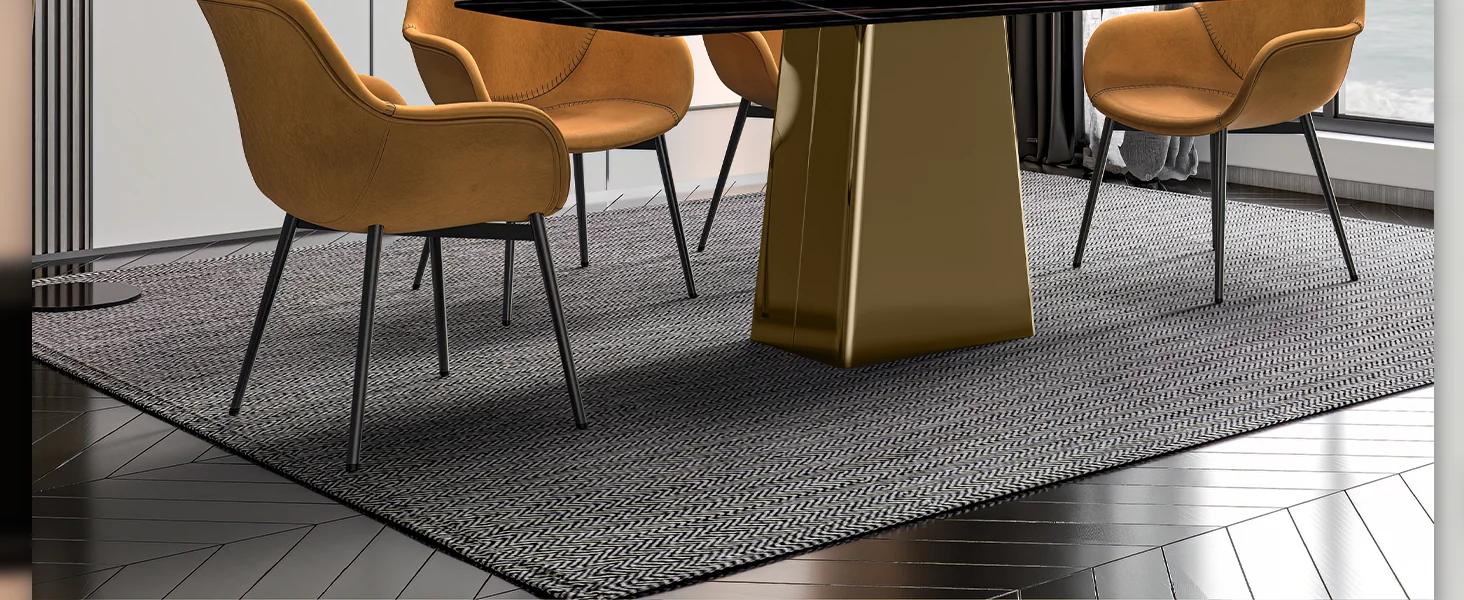 Quinix Series Dining Table, Gold Base With 71" Black/Gold Sintered Stone Top