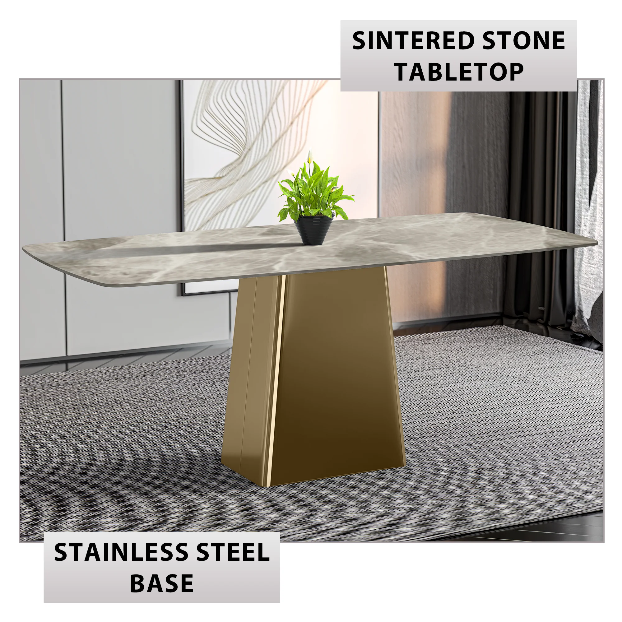 Quinix Series Dining Table, Gold Base With 71" Deep Grey Sintered Stone Top