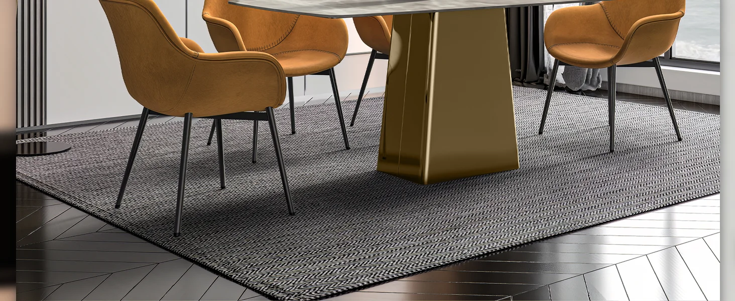 Quinix Series Dining Table, Gold Base With 71" Deep Grey Sintered Stone Top