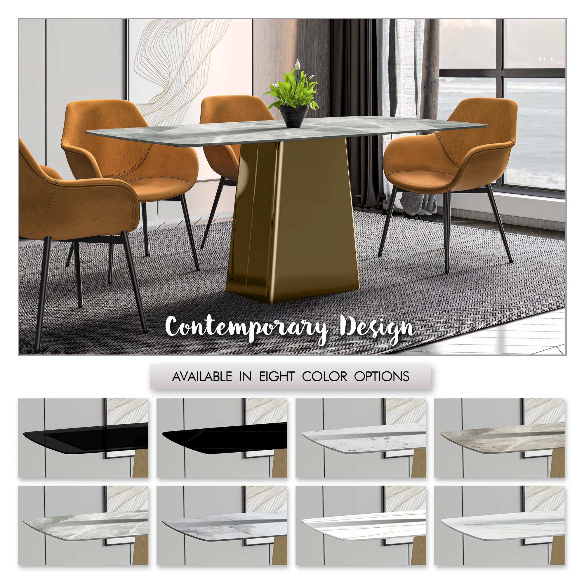 Quinix Series Dining Table, Gold Base With 71" Light Grey Sintered Stone Top