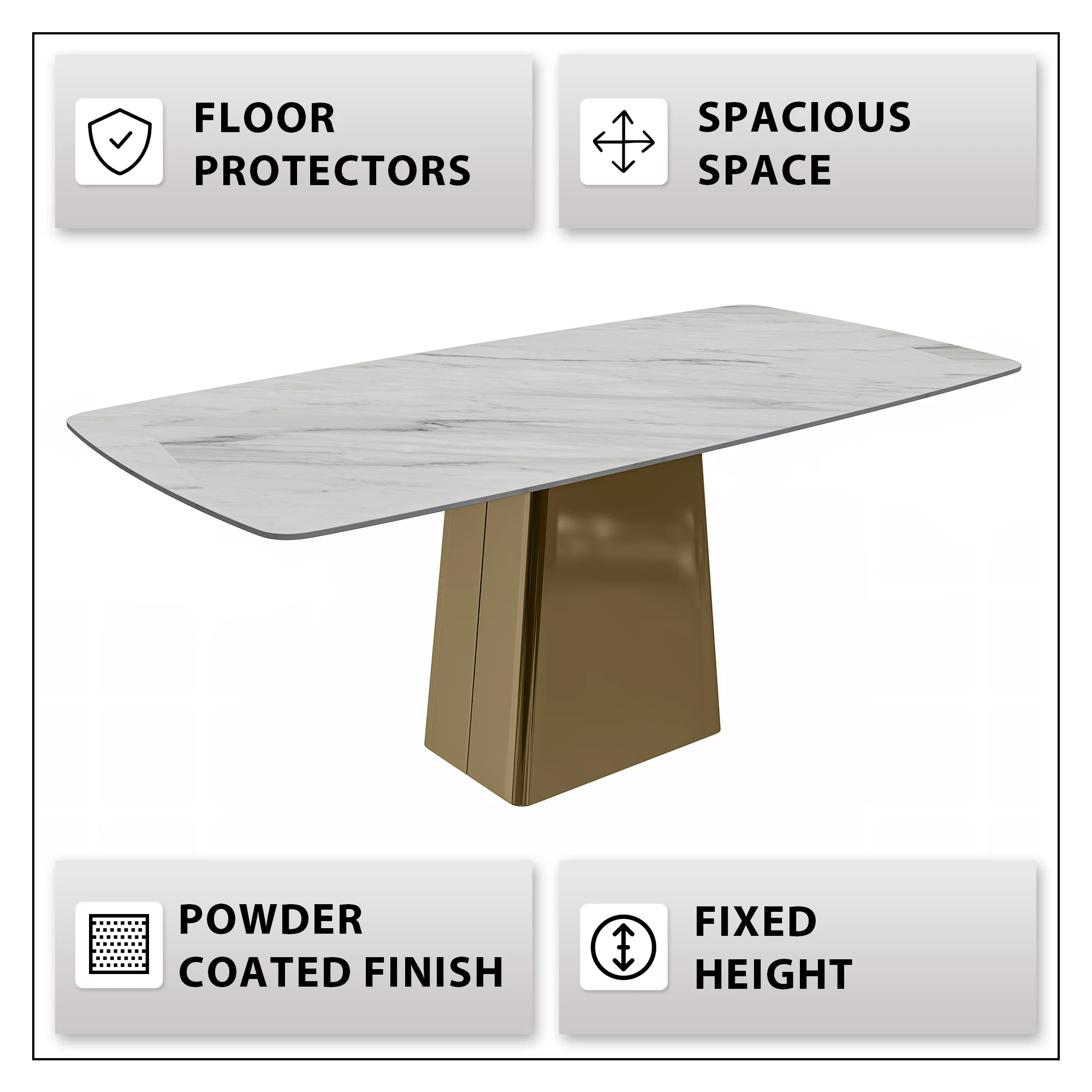 Quinix Series Dining Table, Gold Base With 71" White Sintered Stone Top
