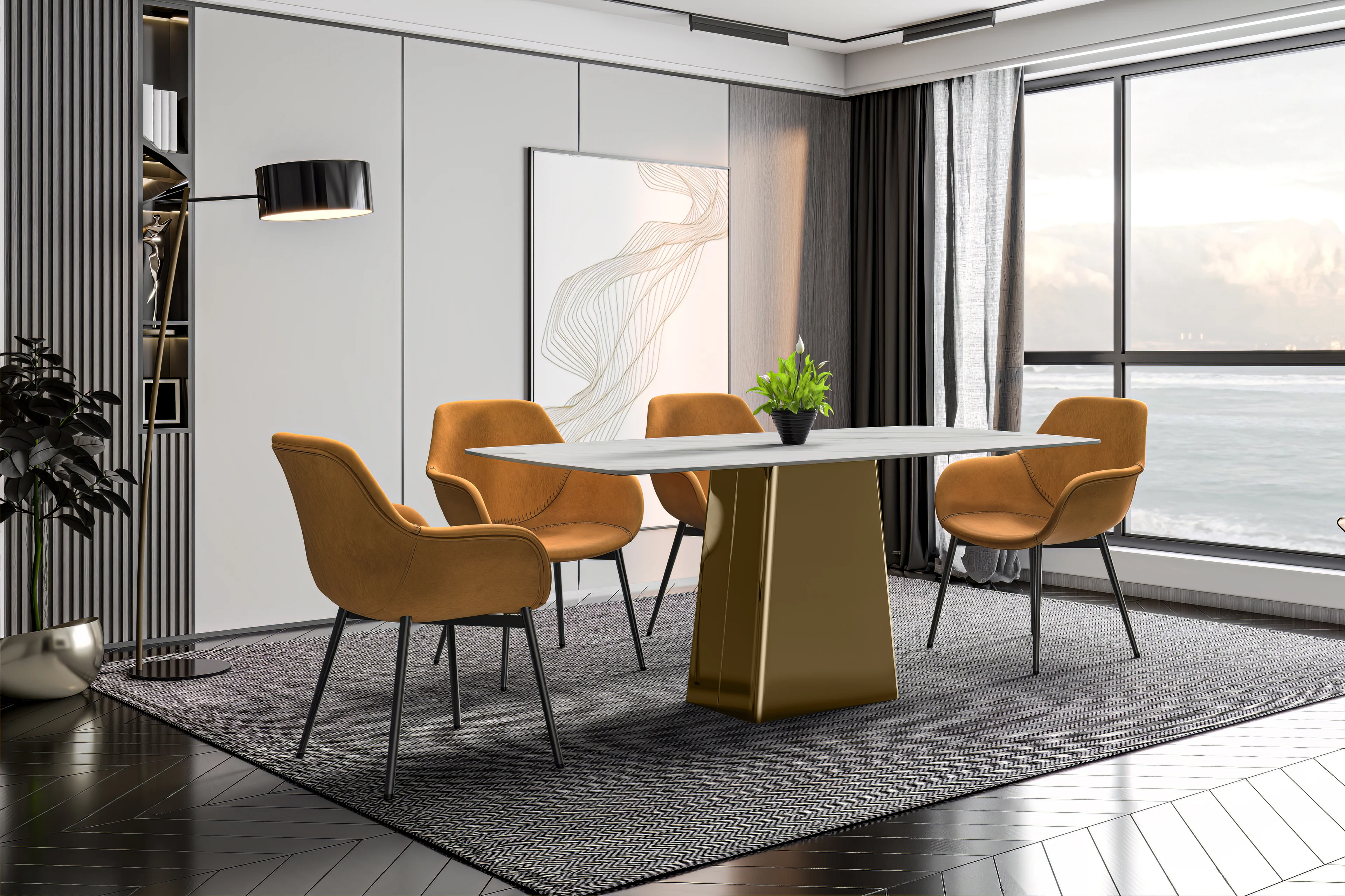 Quinix Series Dining Table, Gold Base With 71" White Sintered Stone Top