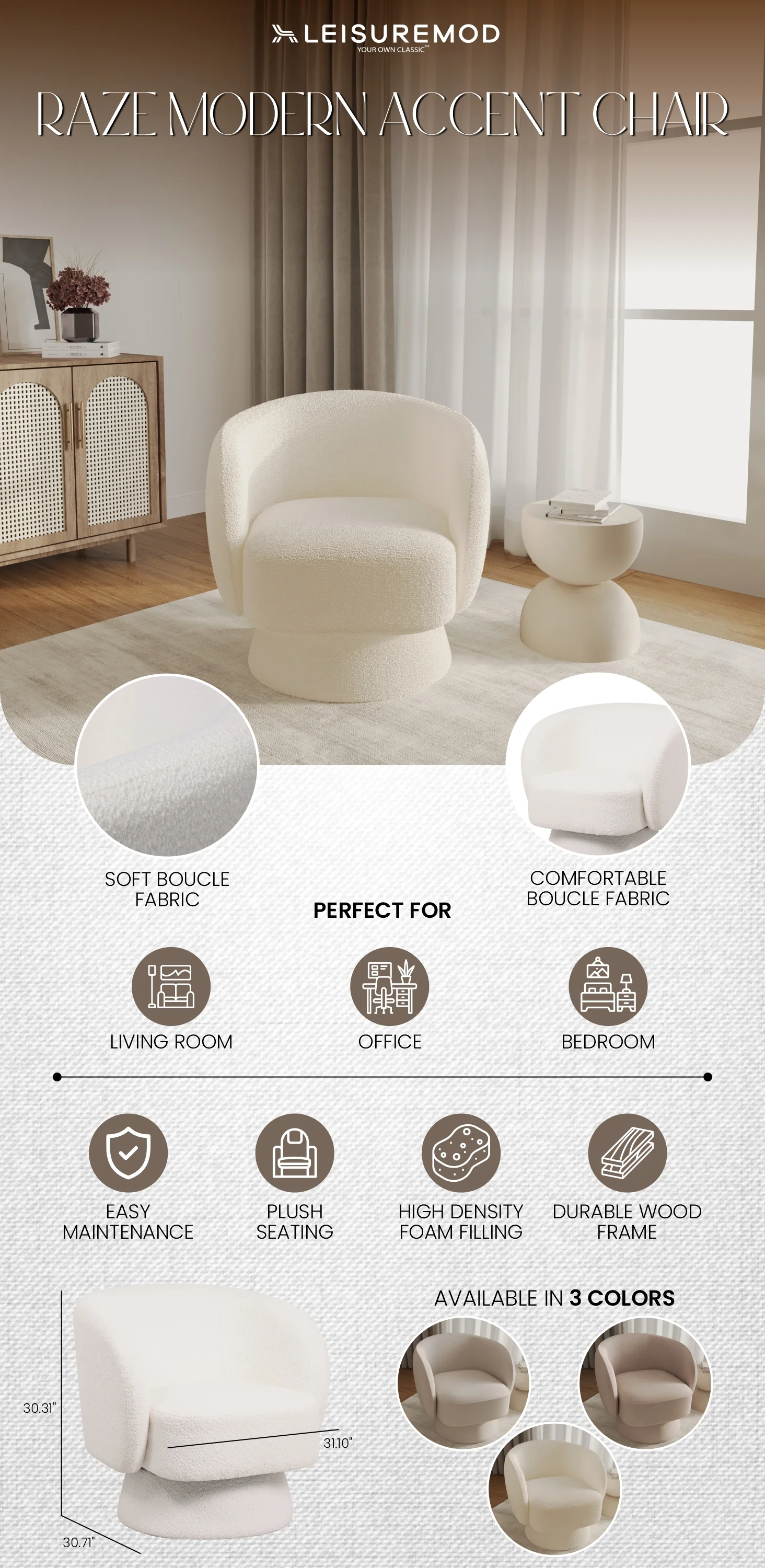 Raze Collection Modern Accent Chair in White Boucle