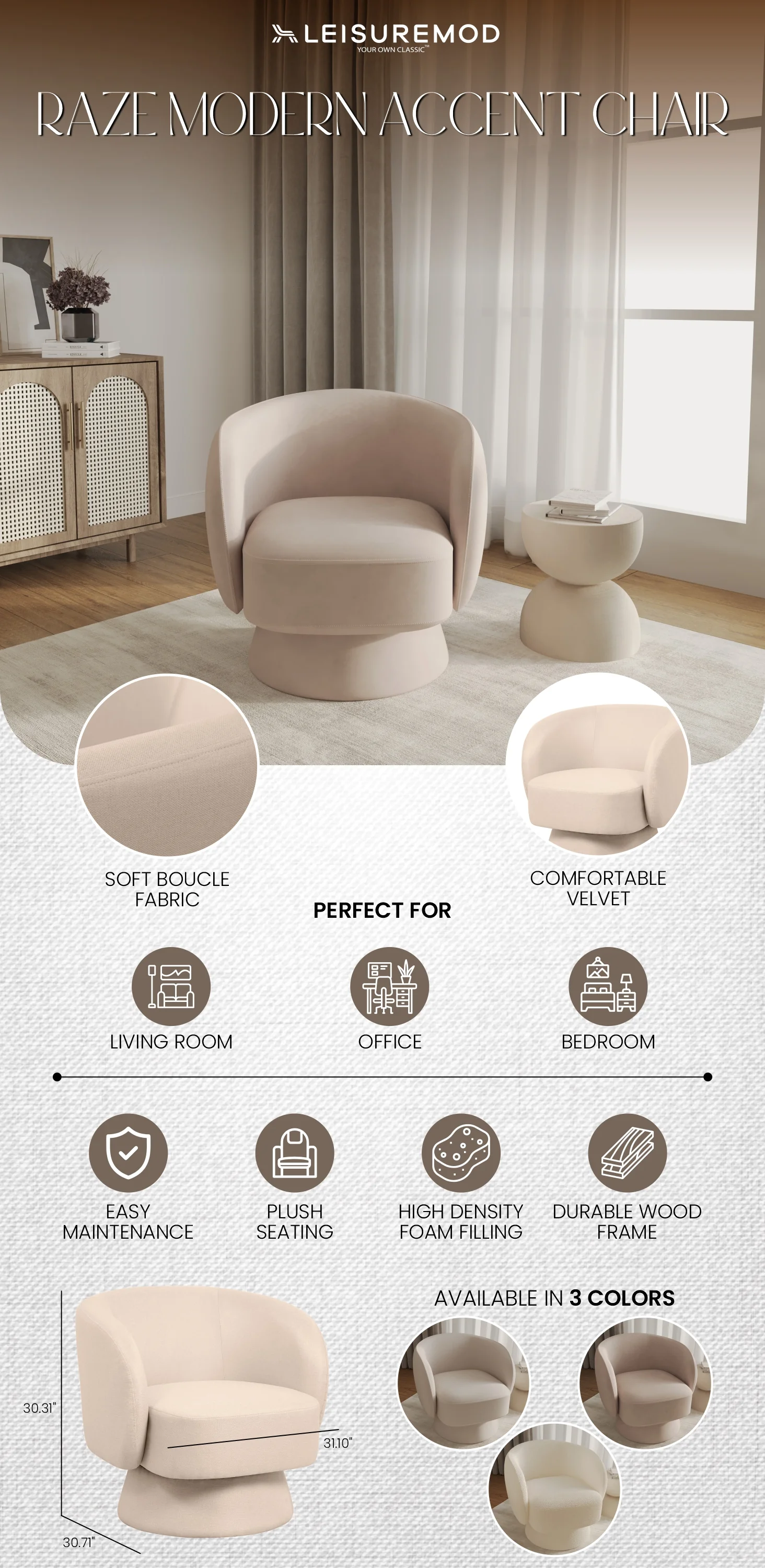 Raze Collection Modern Accent Chair in Beige Velvet