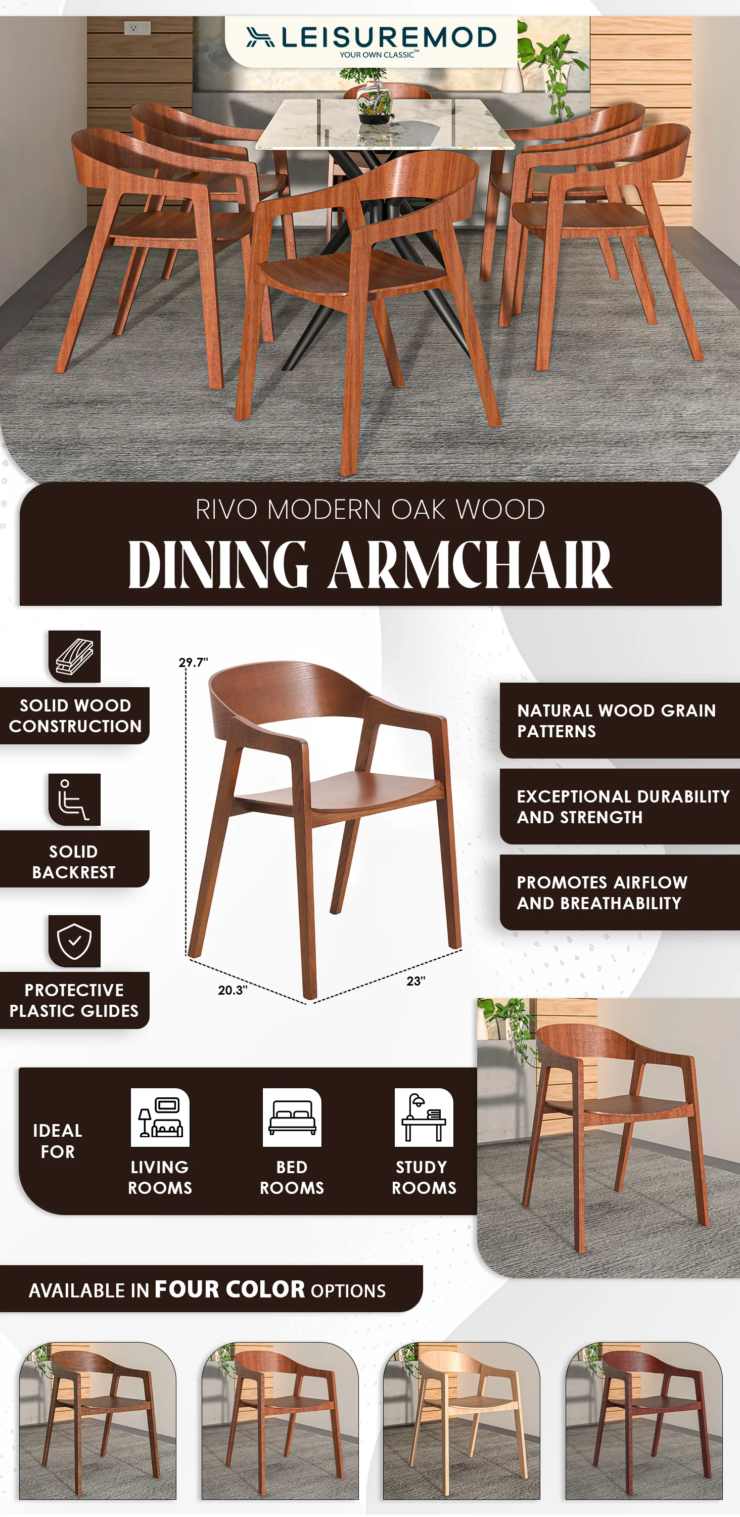 Rivo Collection Elegant Dining Chair in Dark Natural Wood - Set of 2