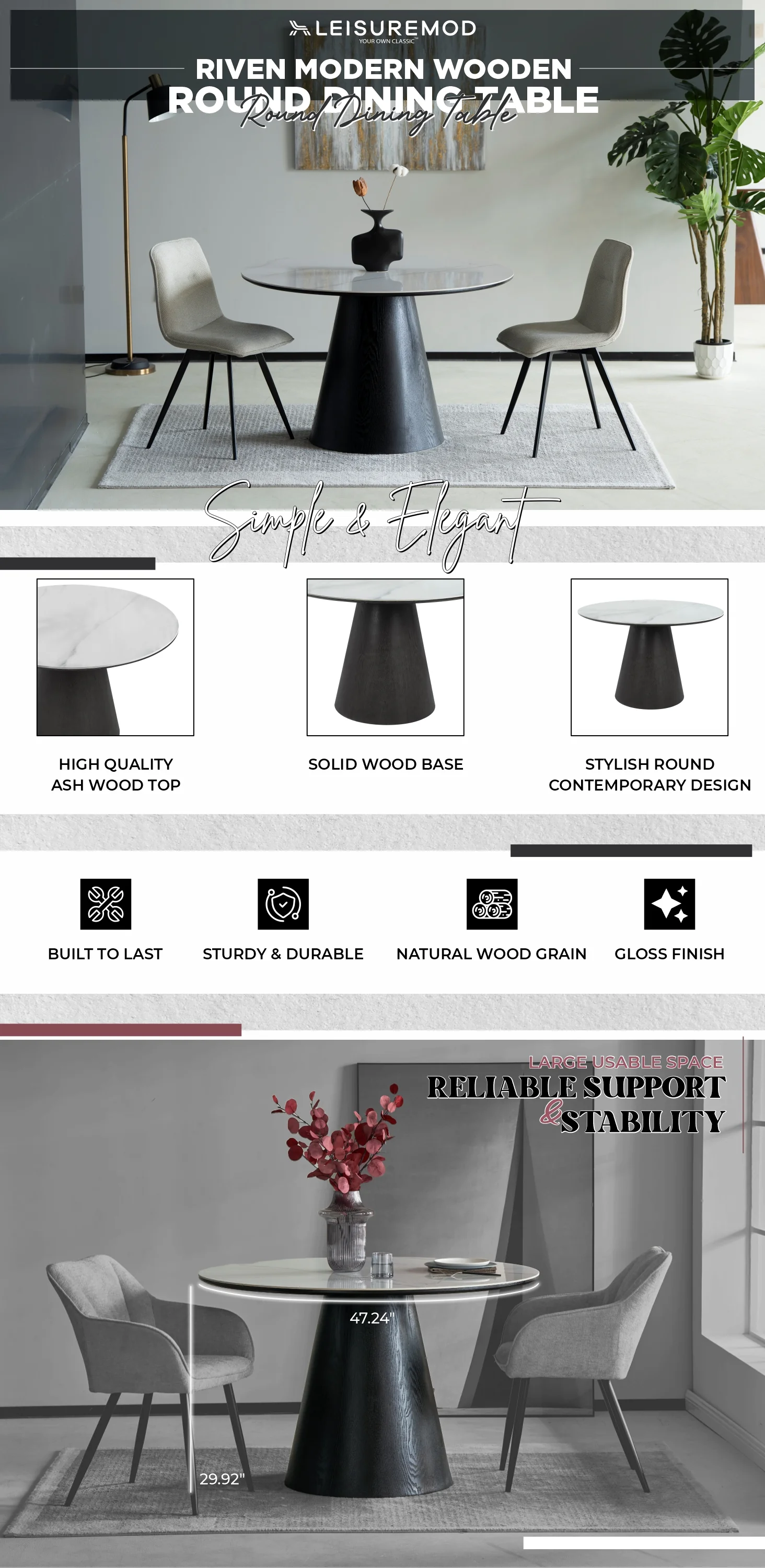 Riven Collection Modern Wooden 48" round dining table in black