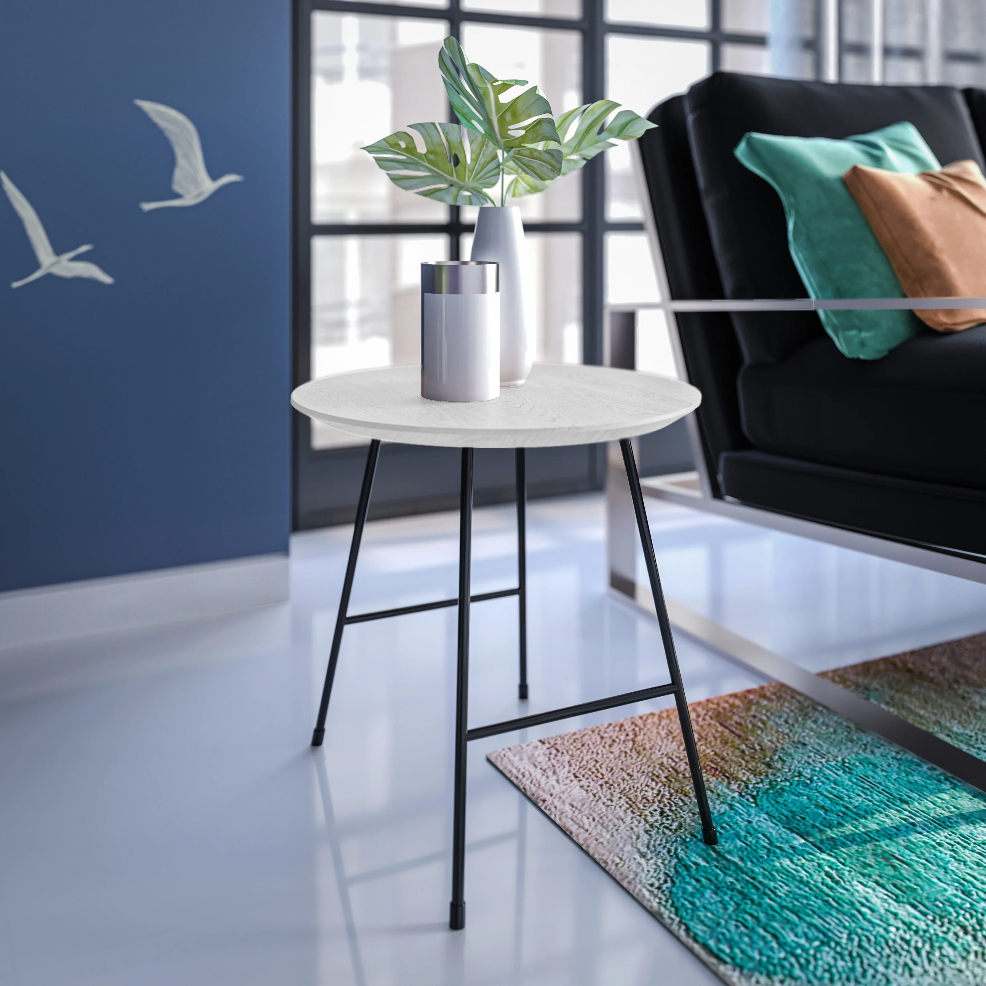 Rossmore Mid Century Modern Round Side Table With Black Steel Frame