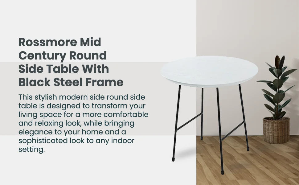 Rossmore Mid Century Modern Round Side Table With Black Steel Frame