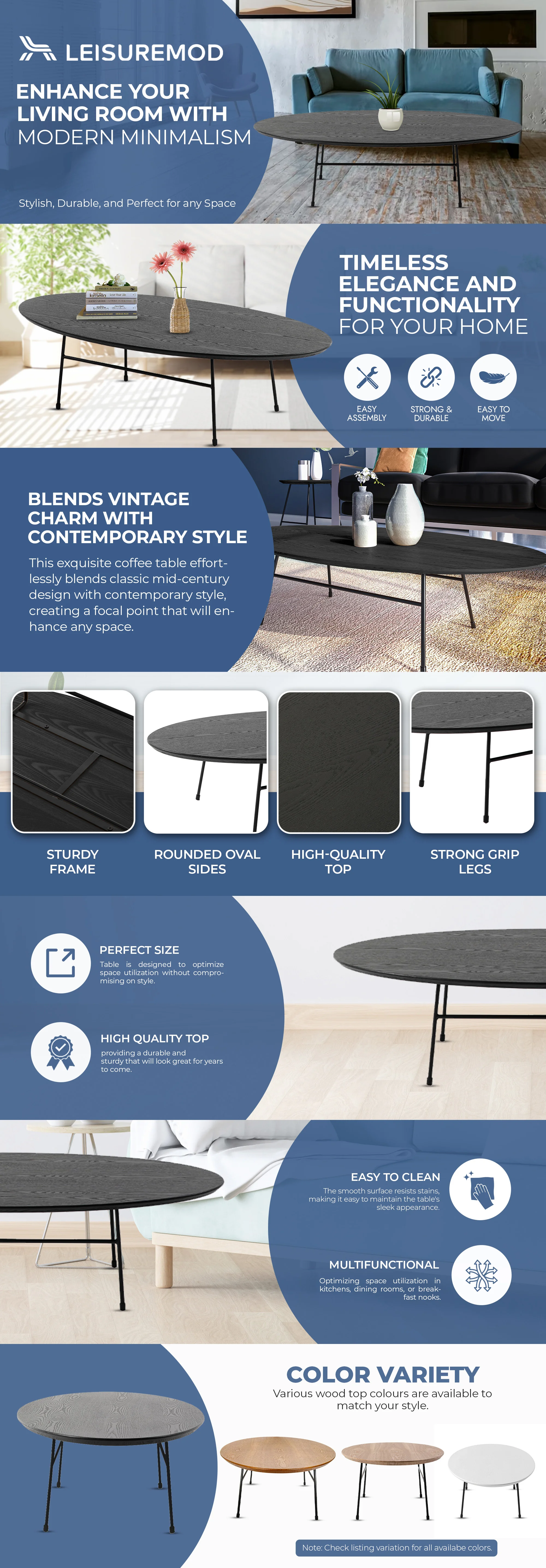 Rossmore Oval Coffee Table with Ash Veneer Top and Black Powder Coated Steel Frame in Black