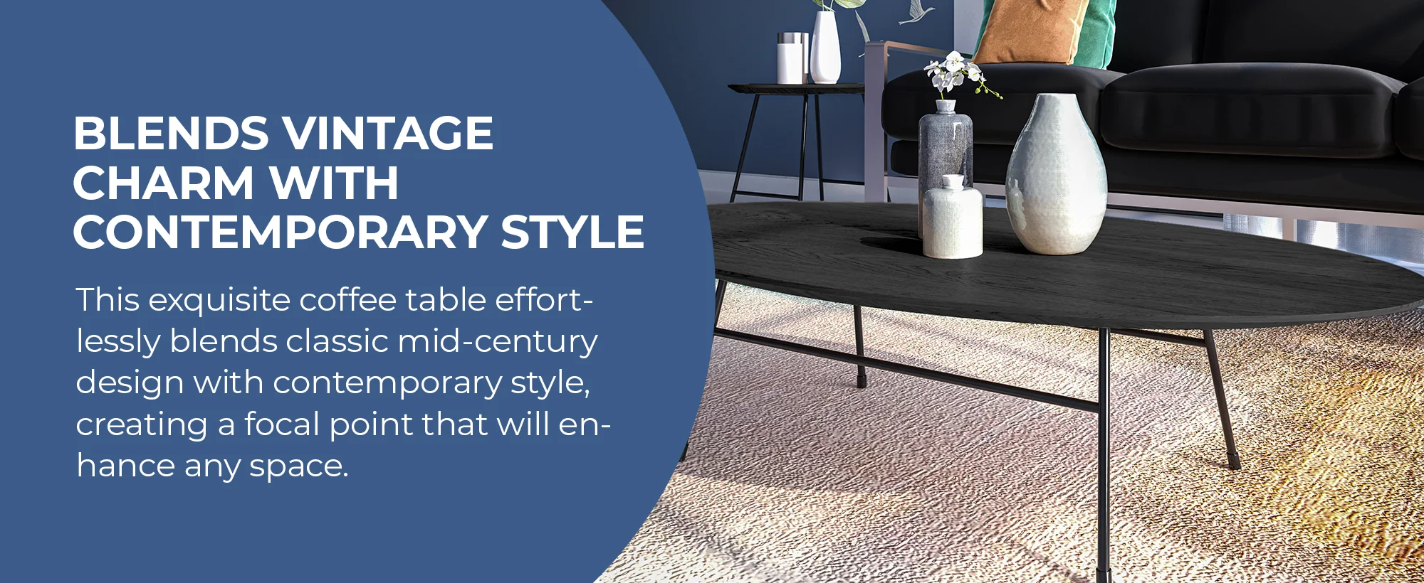 Rossmore Oval Coffee Table with Ash Veneer Top and Black Powder Coated Steel Frame in Black