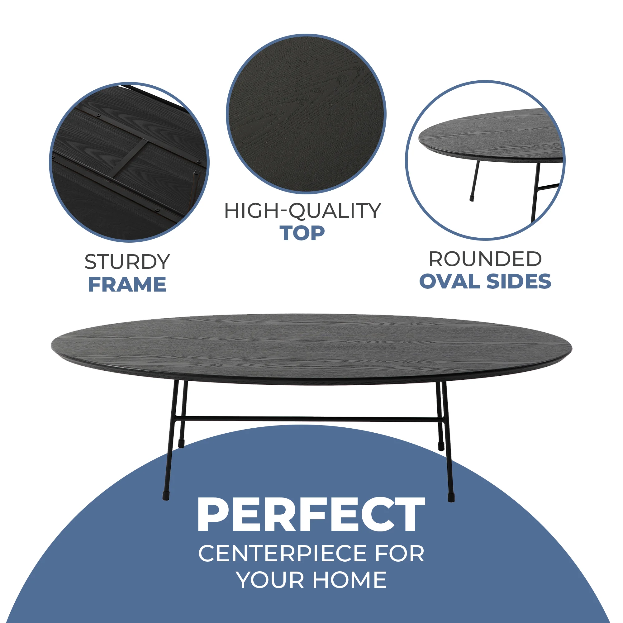 Rossmore Oval Coffee Table with Ash Veneer Top and Black Powder Coated Steel Frame in Black