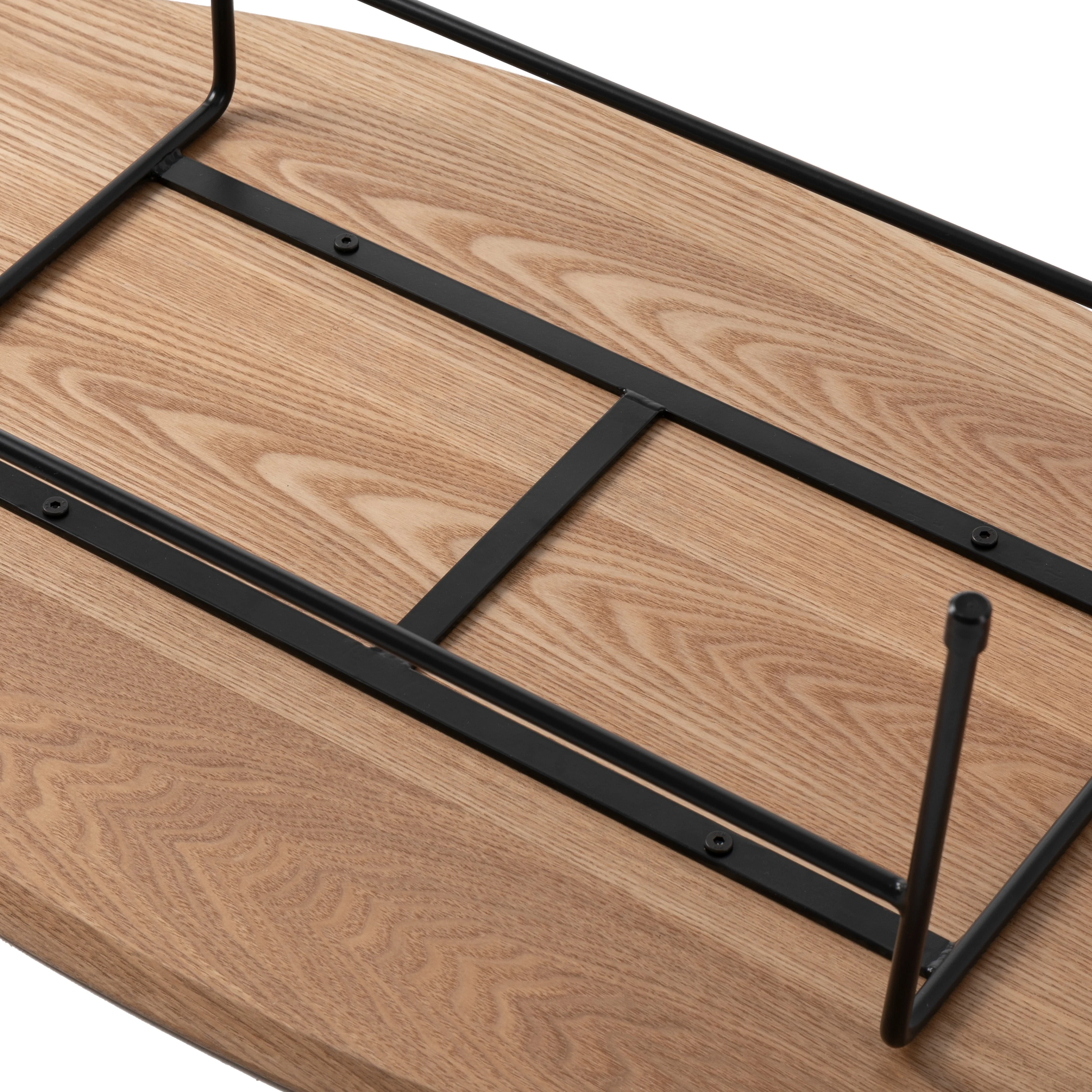 Rossmore Oval Coffee Table with Ash Veneer Top and Black Powder Coated Steel Frame in Natural Wood