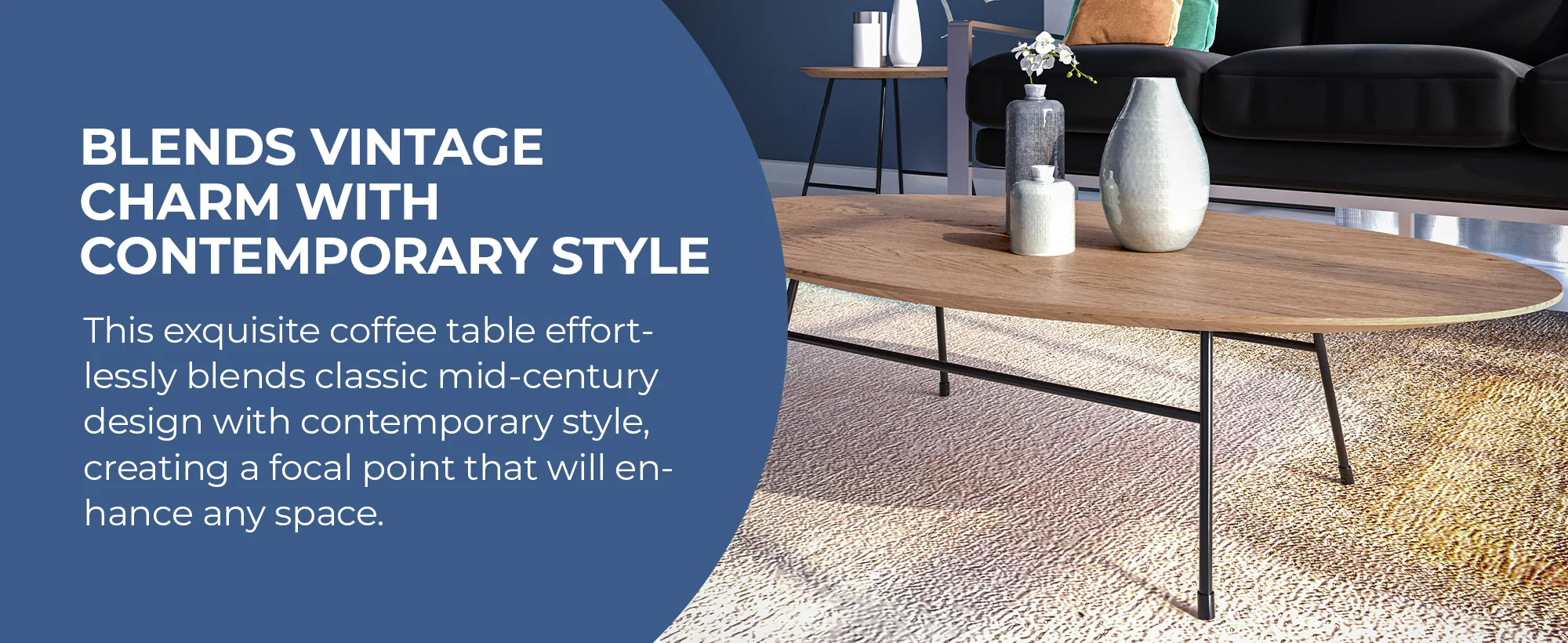 Rossmore Oval Coffee Table with Ash Veneer Top and Black Powder Coated Steel Frame in Natural Wood