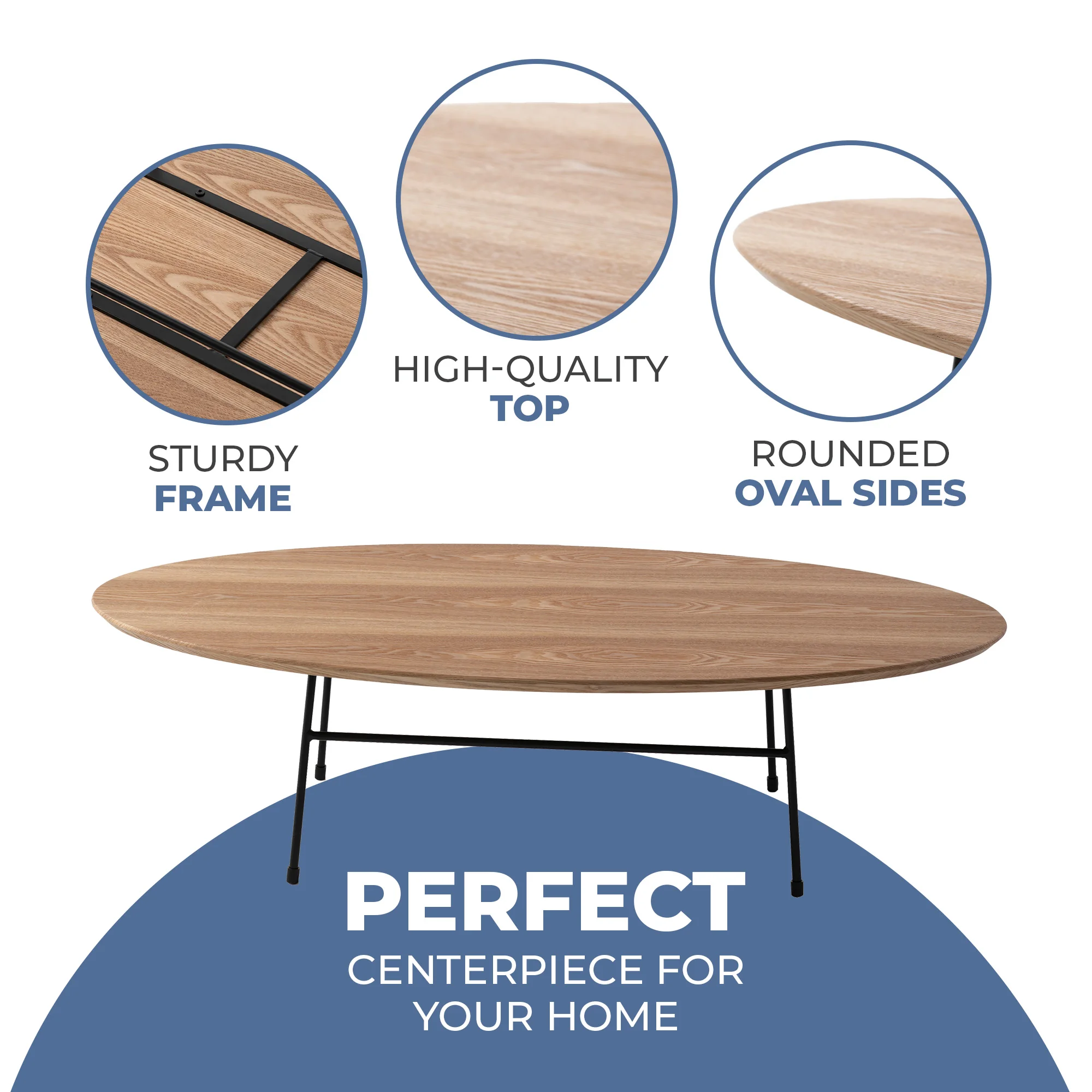 Rossmore Oval Coffee Table with Ash Veneer Top and Black Powder Coated Steel Frame in Natural Wood