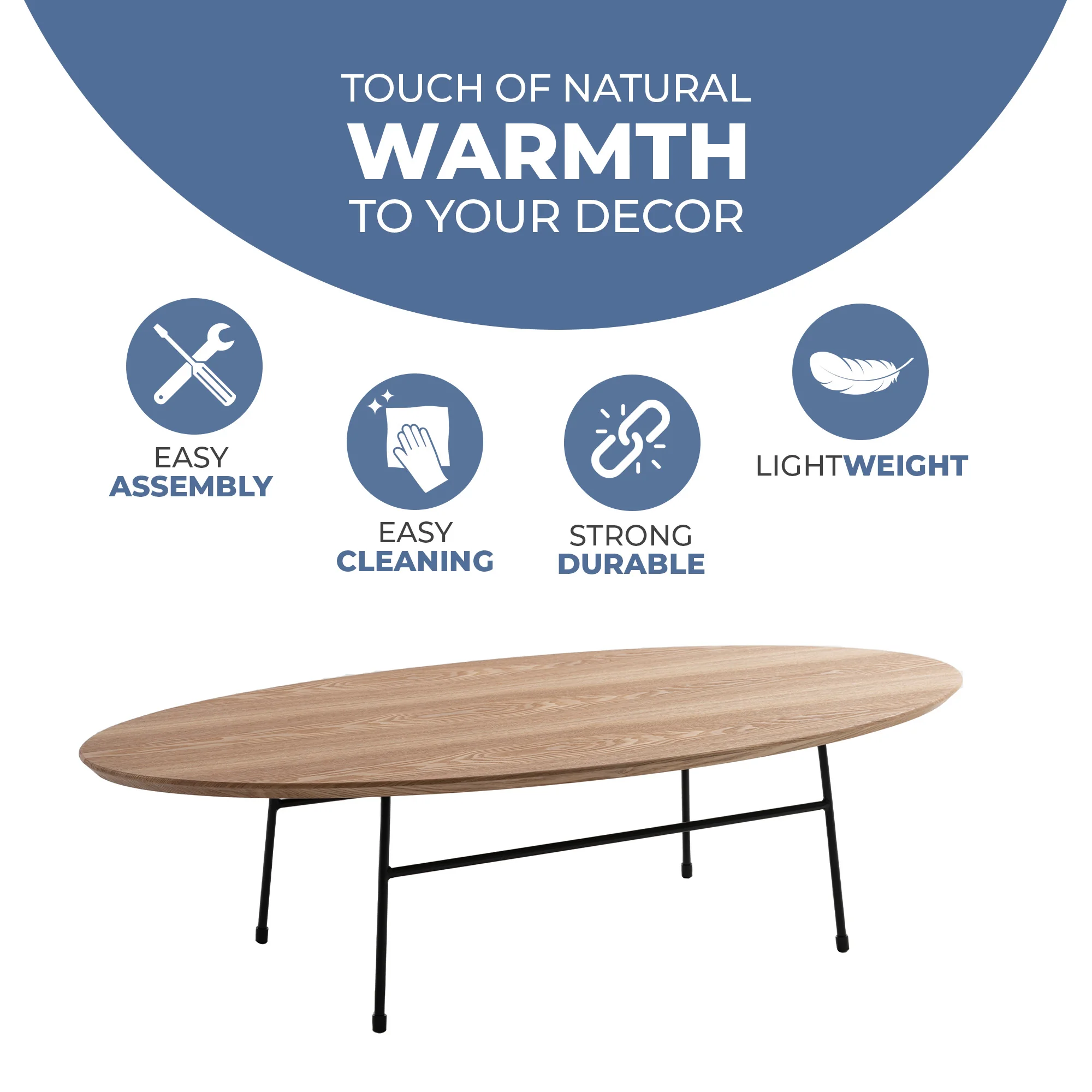 Rossmore Oval Coffee Table with Ash Veneer Top and Black Powder Coated Steel Frame in Natural Wood