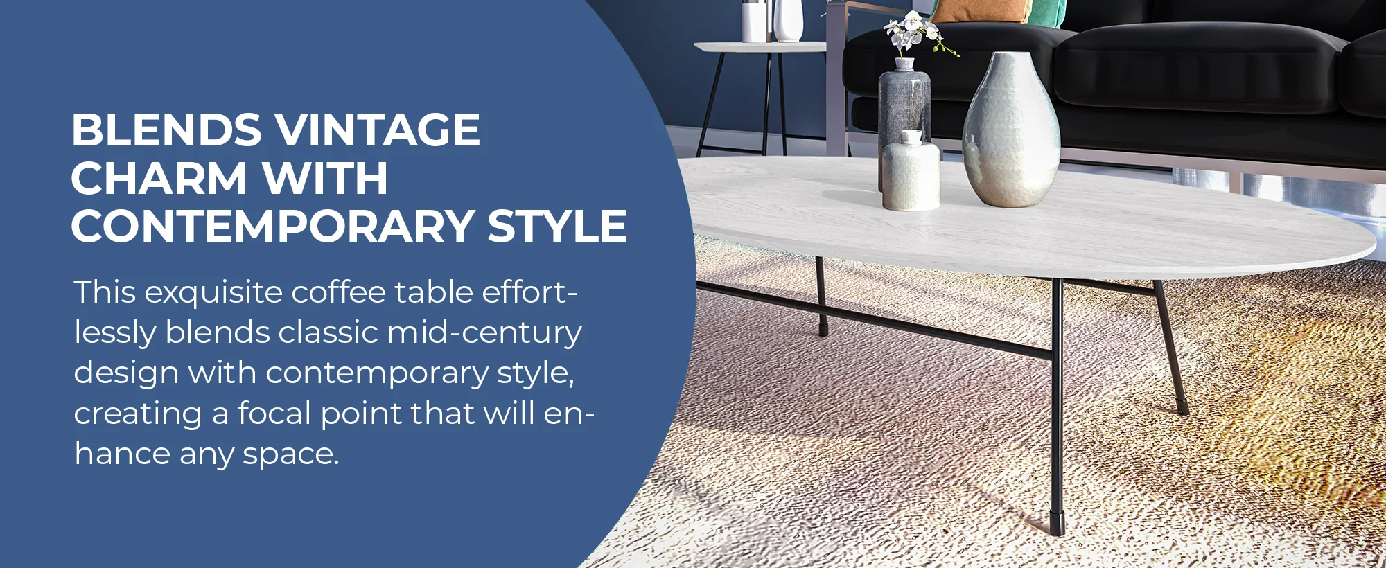 Rossmore Oval Coffee Table with Ash Veneer Top and Black Powder Coated Steel Frame in White