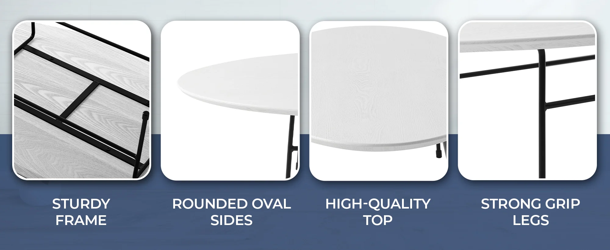 Rossmore Oval Coffee Table with Ash Veneer Top and Black Powder Coated Steel Frame in White