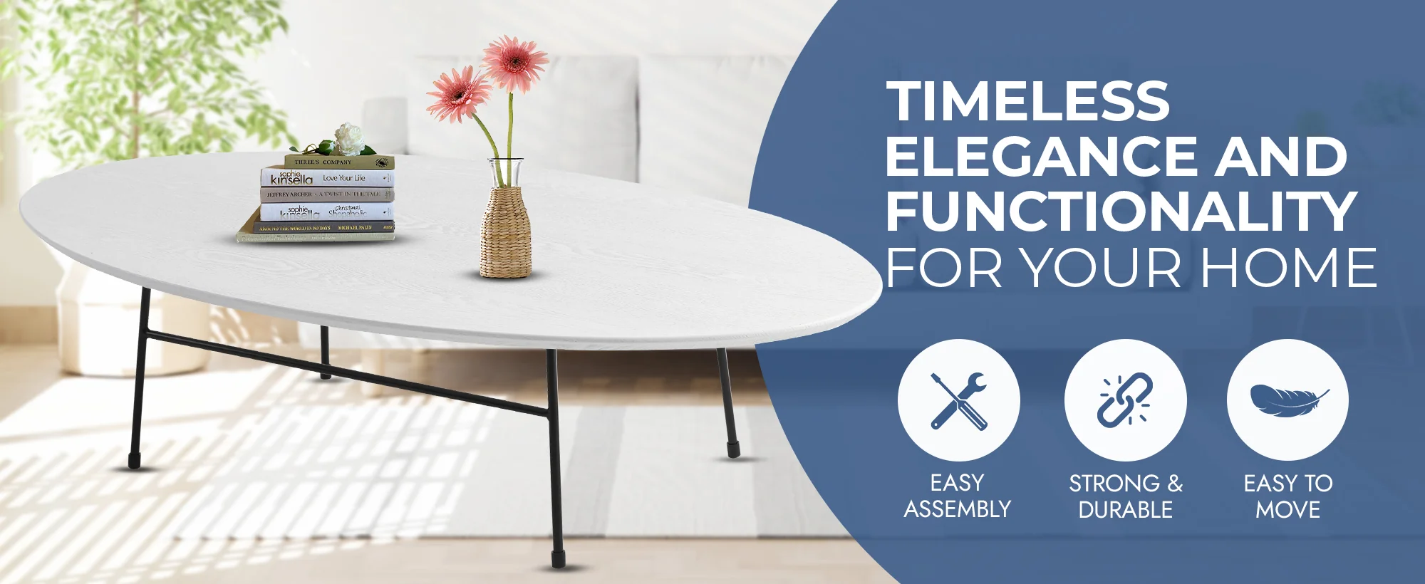 Rossmore Oval Coffee Table with Ash Veneer Top and Black Powder Coated Steel Frame in White