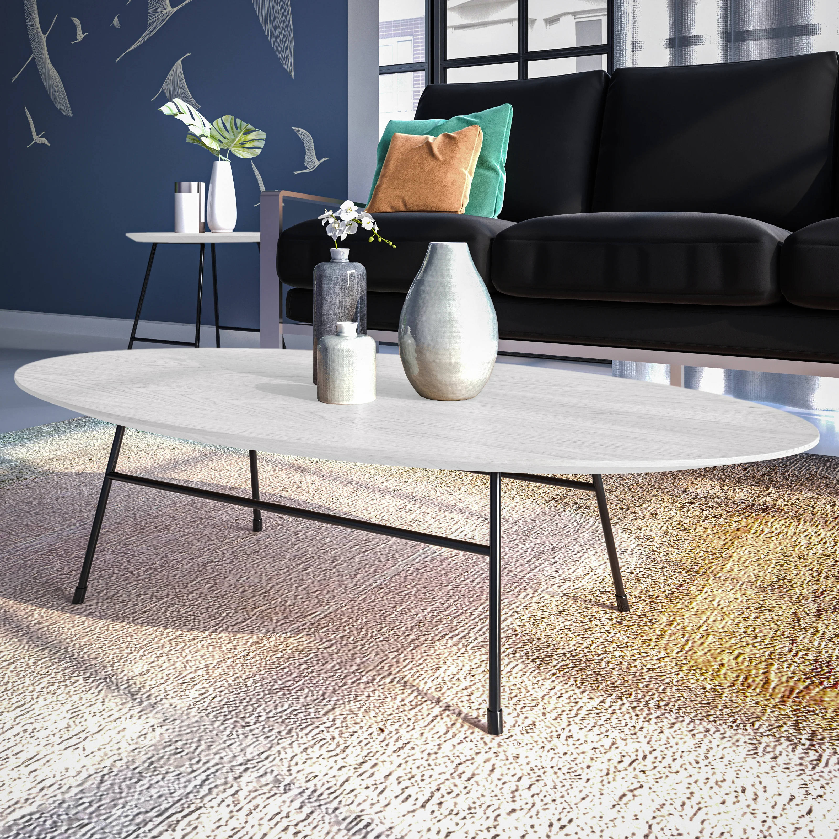 Rossmore Oval Coffee Table with Ash Veneer Top and Black Powder Coated Steel Frame in White