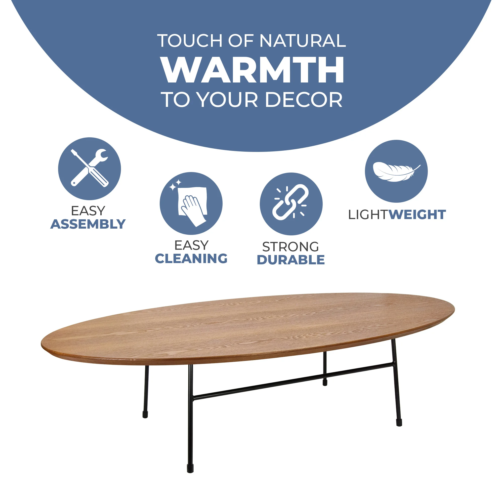 Rossmore Oval Coffee Table with Ash Veneer Top and Black Powder Coated Steel Frame in Walnut