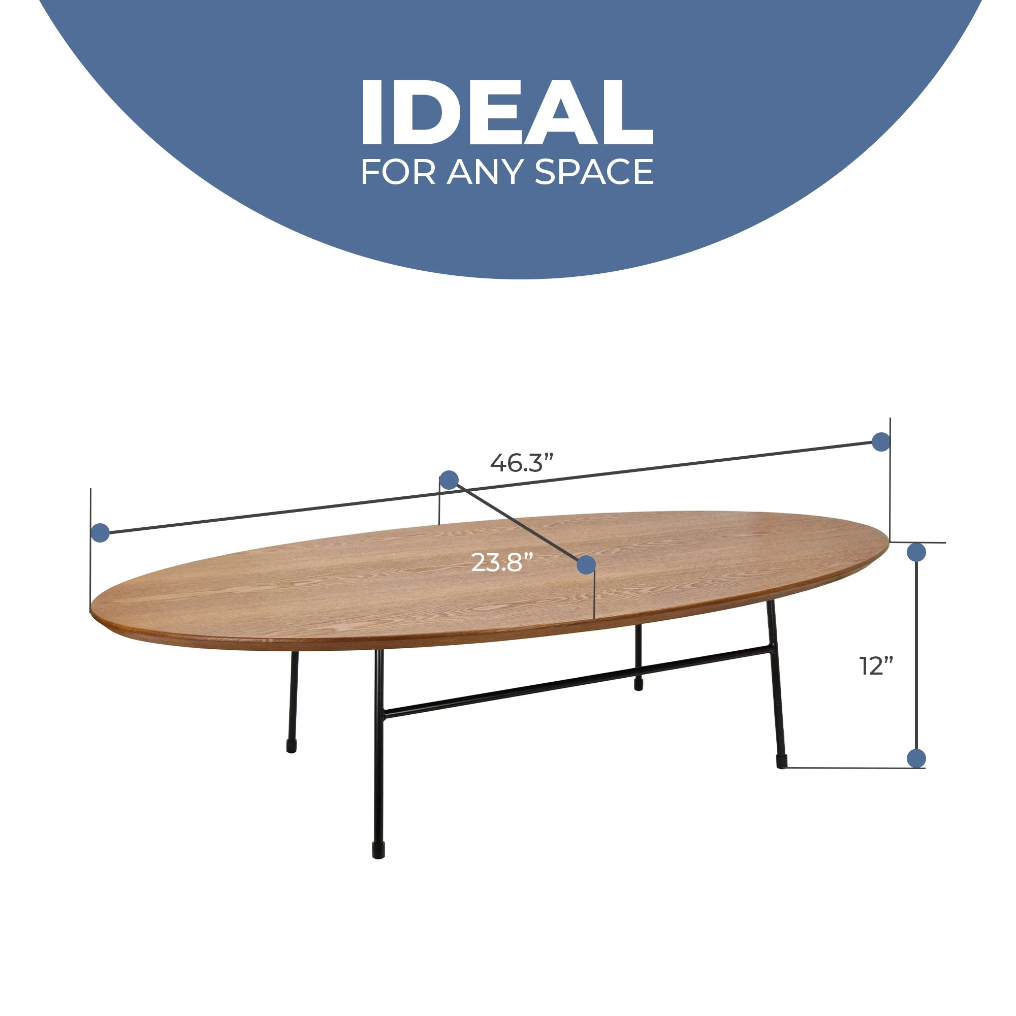 Rossmore Oval Coffee Table with Ash Veneer Top and Black Powder Coated Steel Frame in Walnut