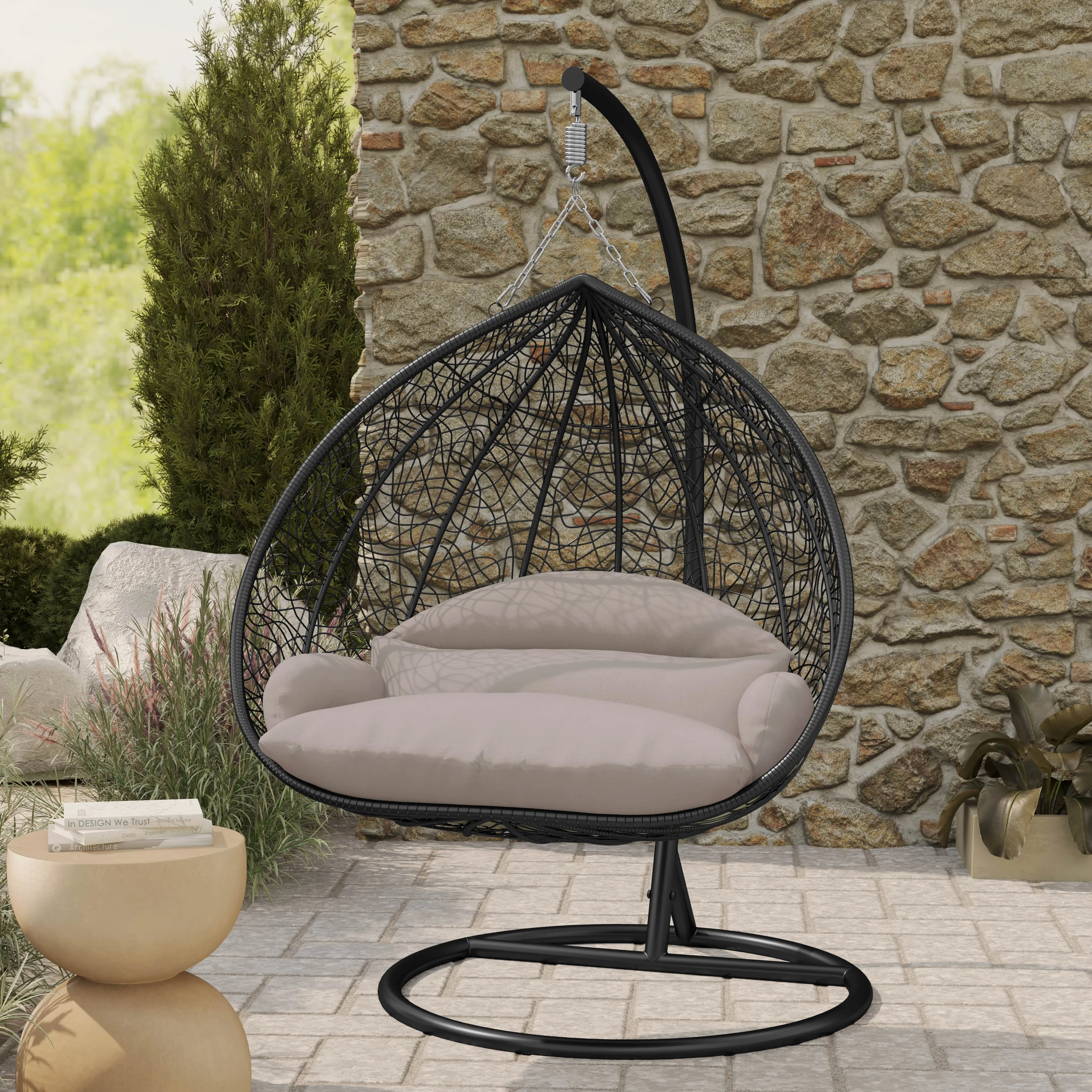 Recluse Collection Modern Outdoor Swing Chair Black Frame with ES57 Beige Cushion