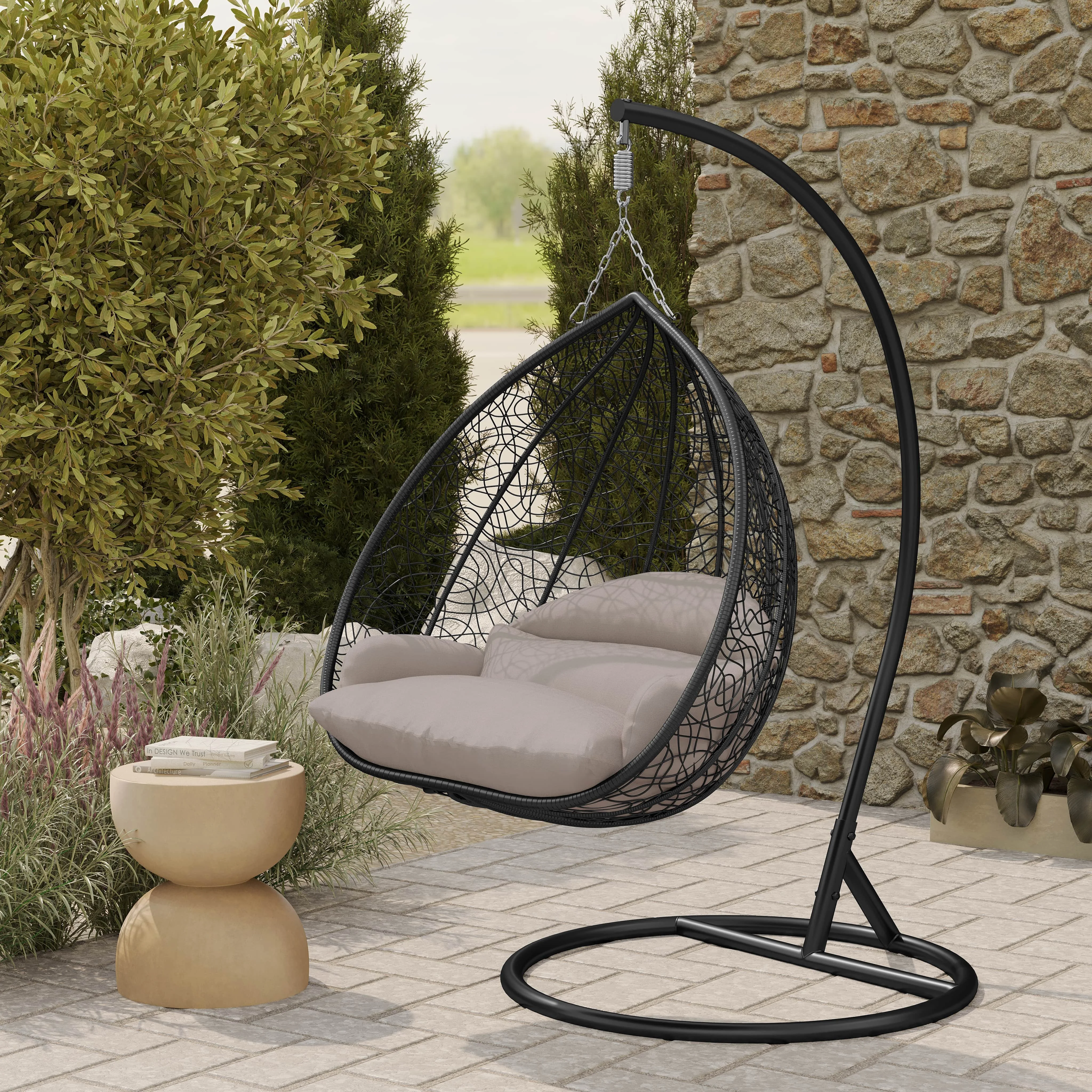 Recluse Collection Modern Outdoor Swing Chair Black Frame with ES57 Beige Cushion