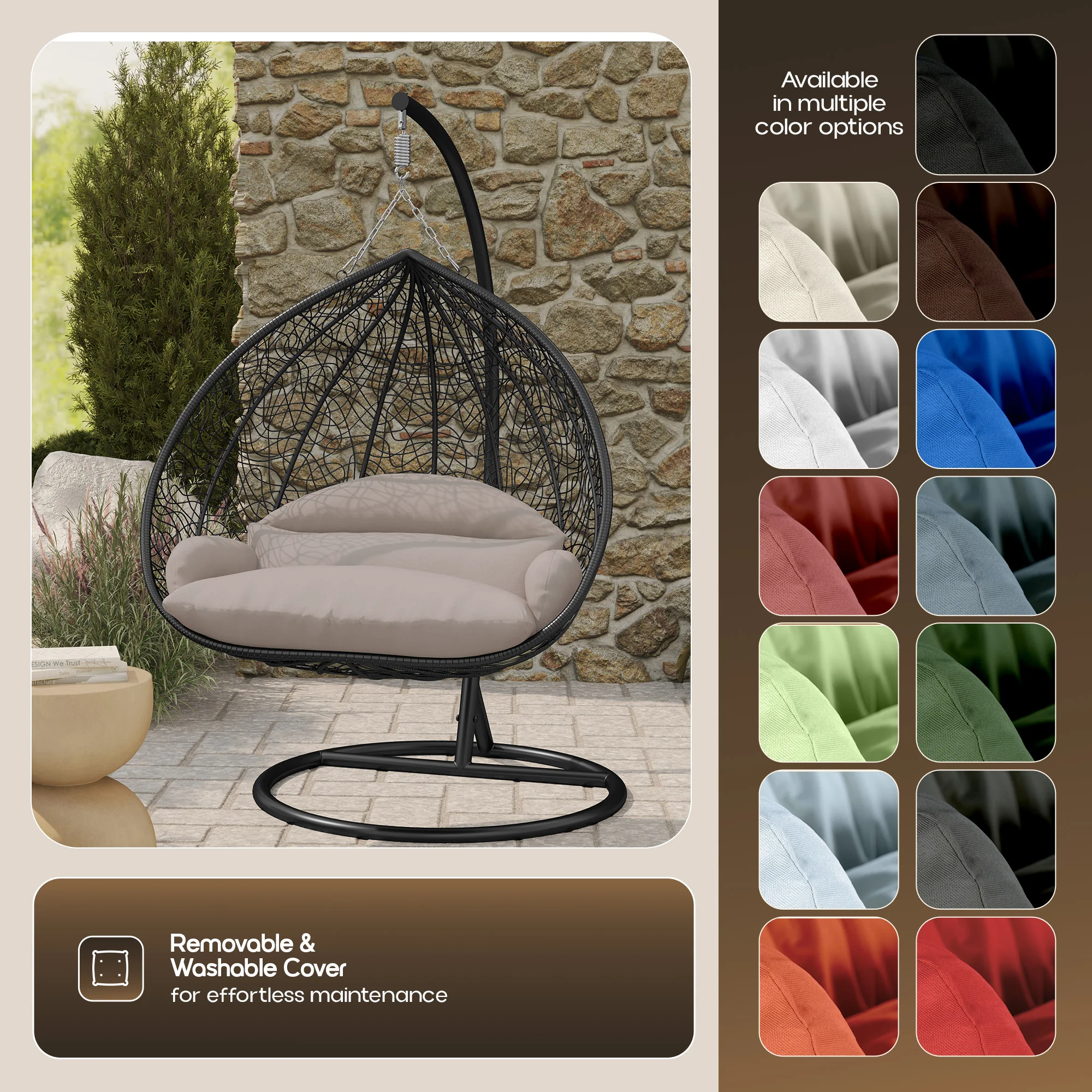 Recluse Collection Modern Outdoor Swing Chair Black Frame with ES57 Beige Cushion