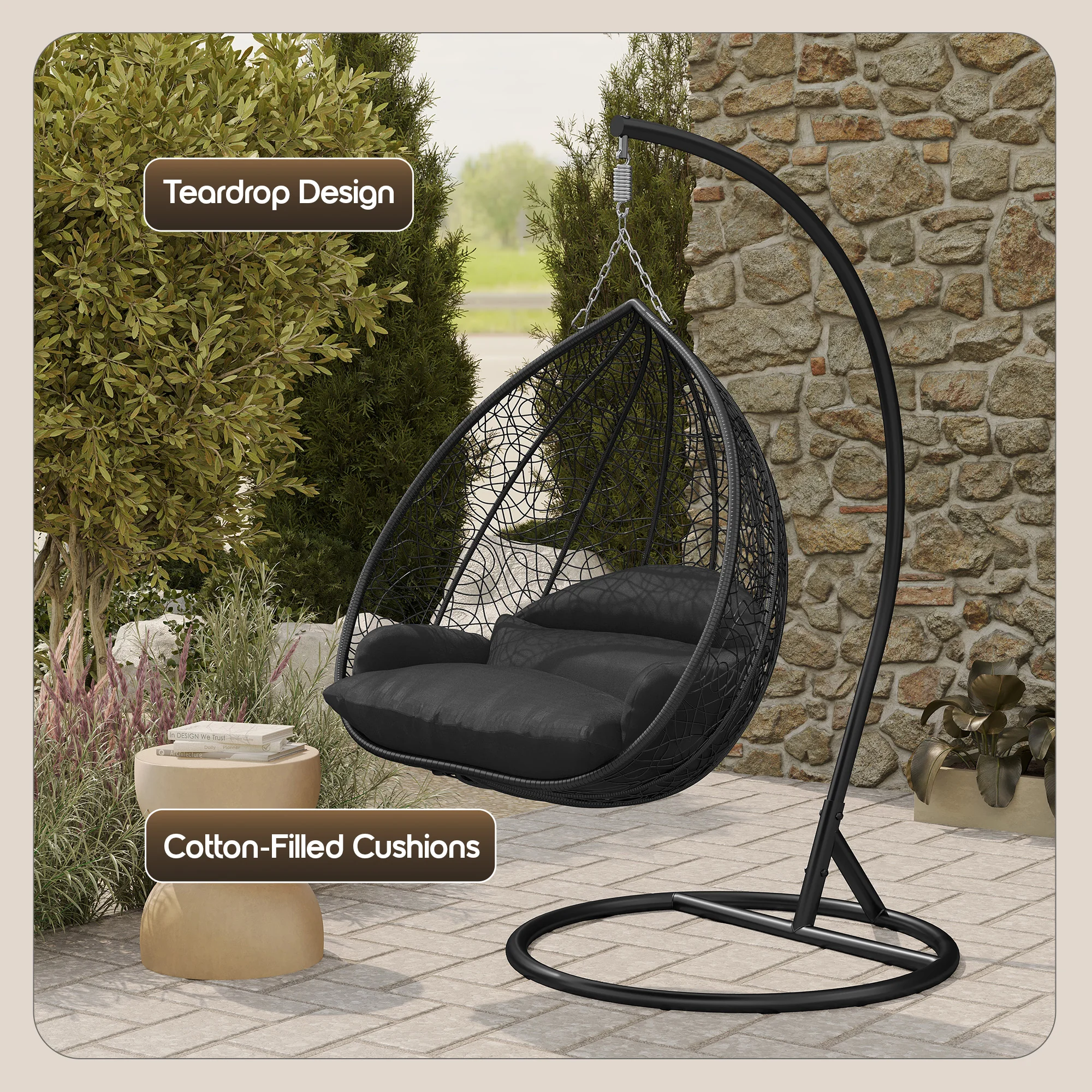 Recluse Collection Modern Outdoor Swing Chair Black Frame with ES57 Black Cushion