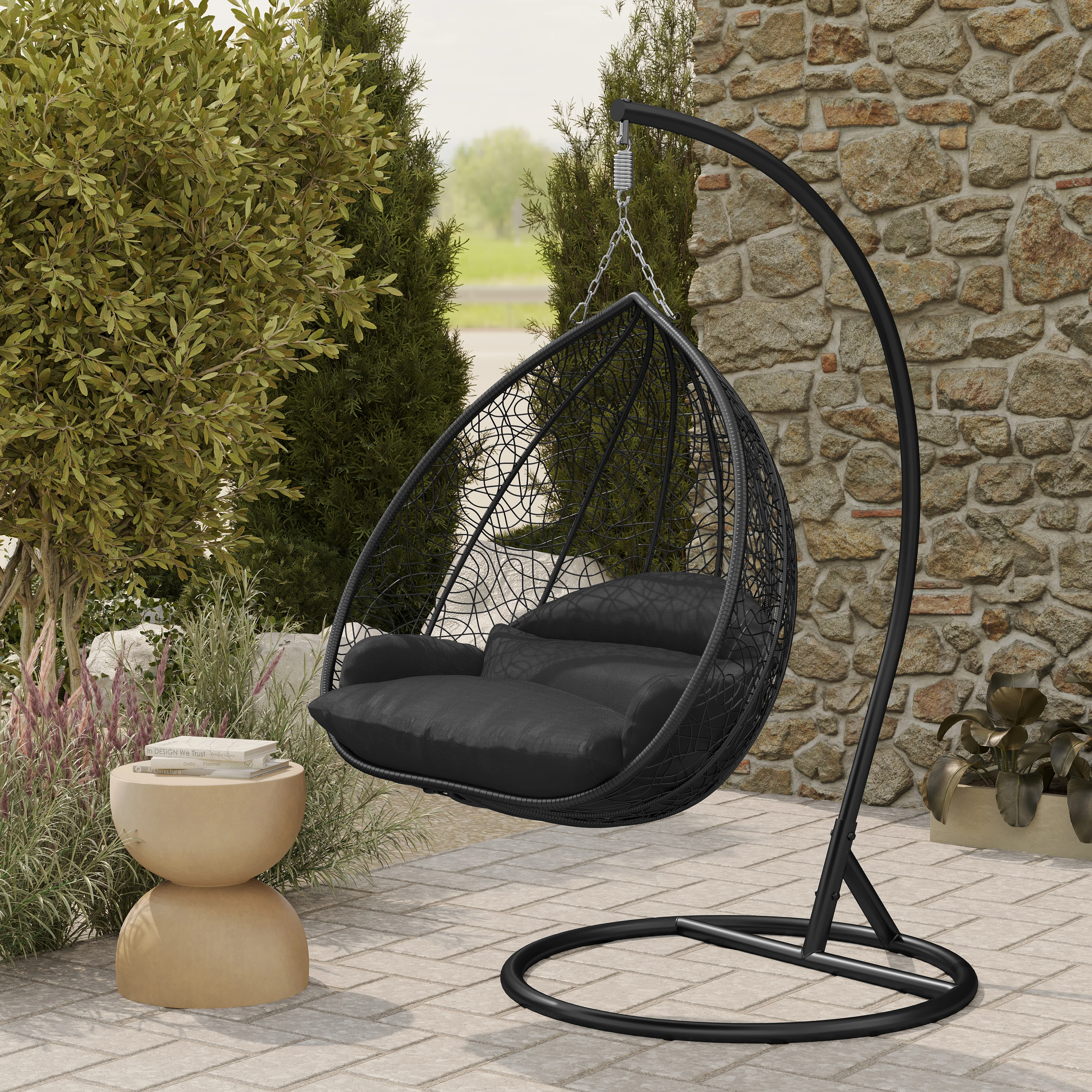 Recluse Collection Modern Outdoor Swing Chair Black Frame with ES57 Black Cushion