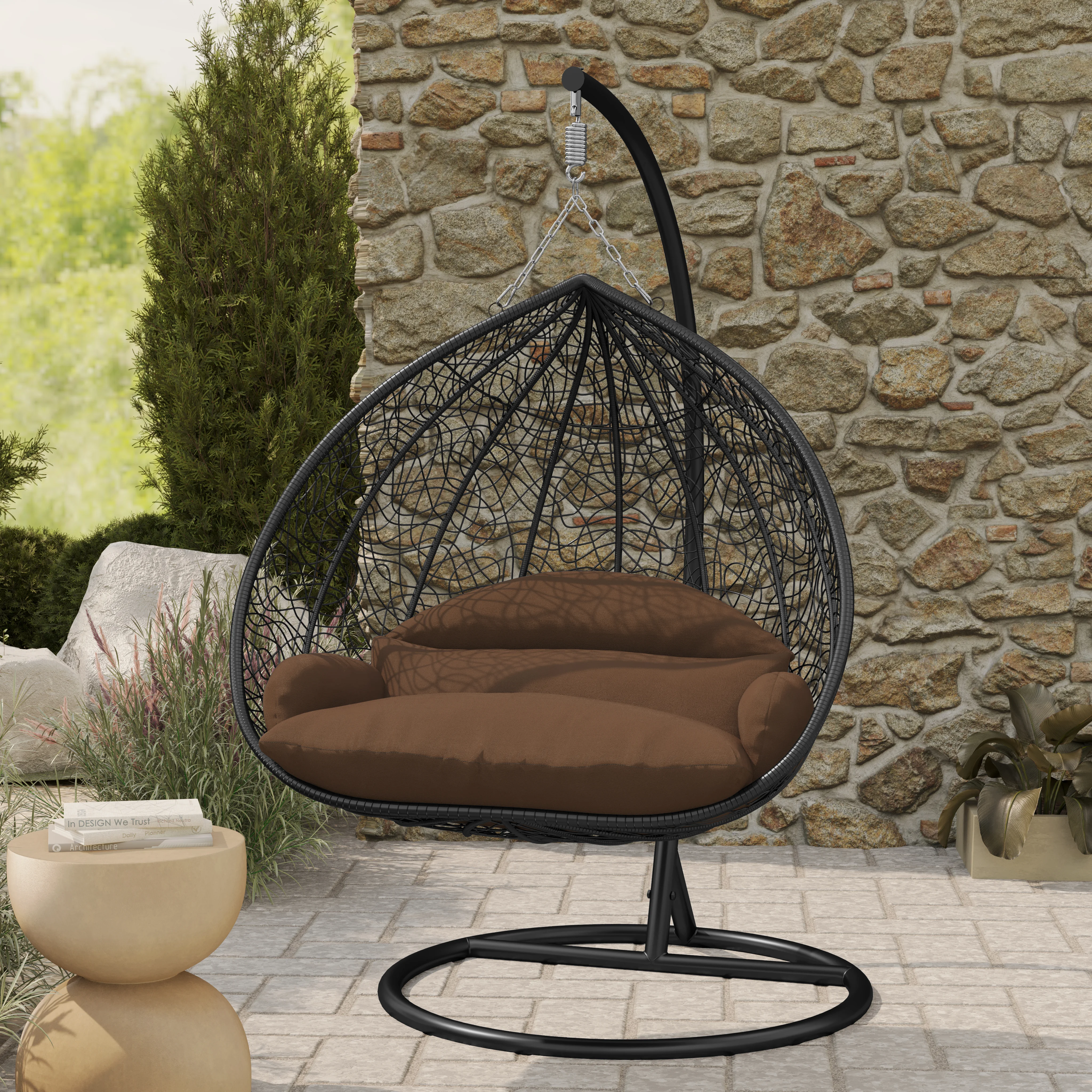 Recluse Collection Modern Outdoor Swing Chair Black Frame with ES57 Brown Cushion