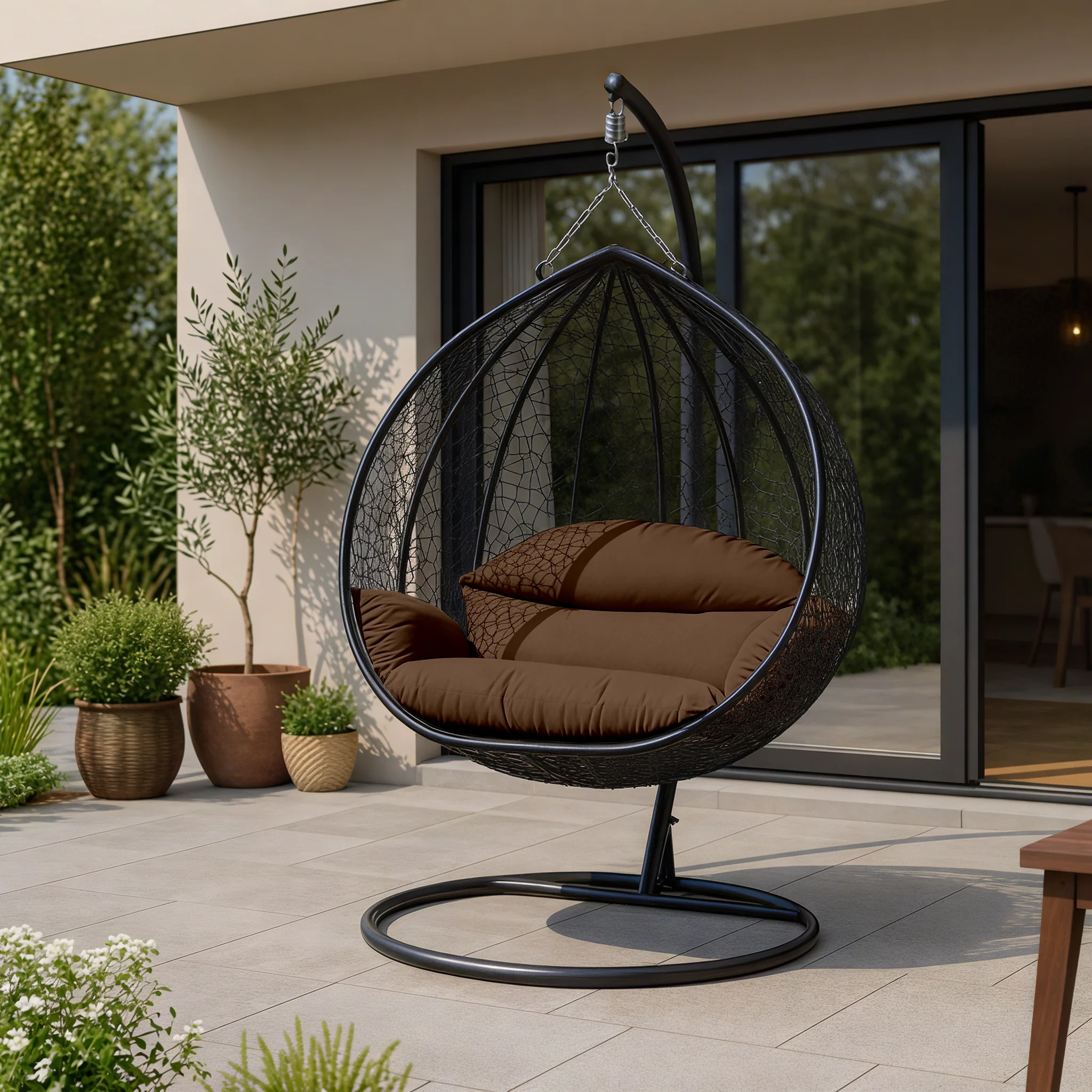 Recluse Collection Modern Outdoor Swing Chair Black Frame with ES57 Brown Cushion