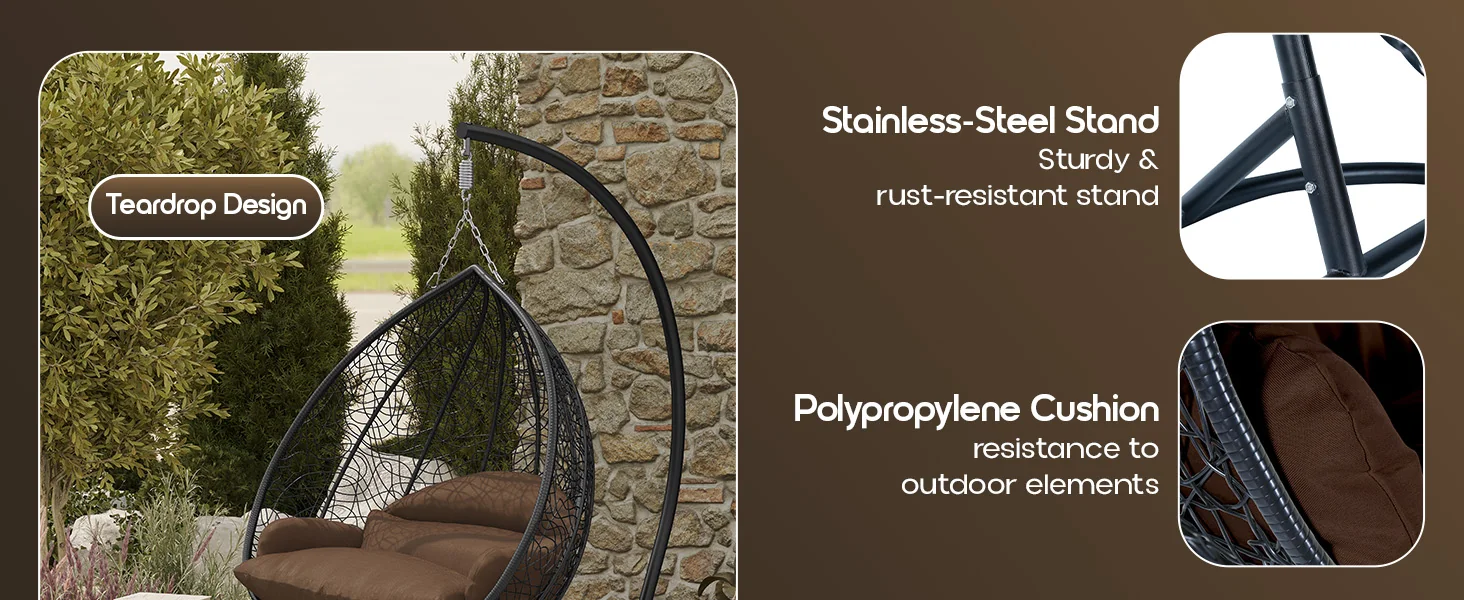 Recluse Collection Modern Outdoor Swing Chair Black Frame with ES57 Brown Cushion