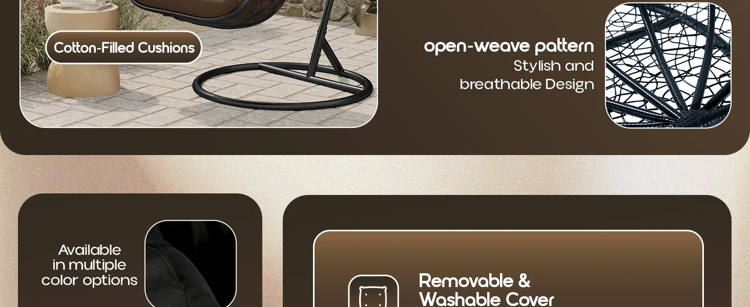 Recluse Collection Modern Outdoor Swing Chair Black Frame with ES57 Brown Cushion