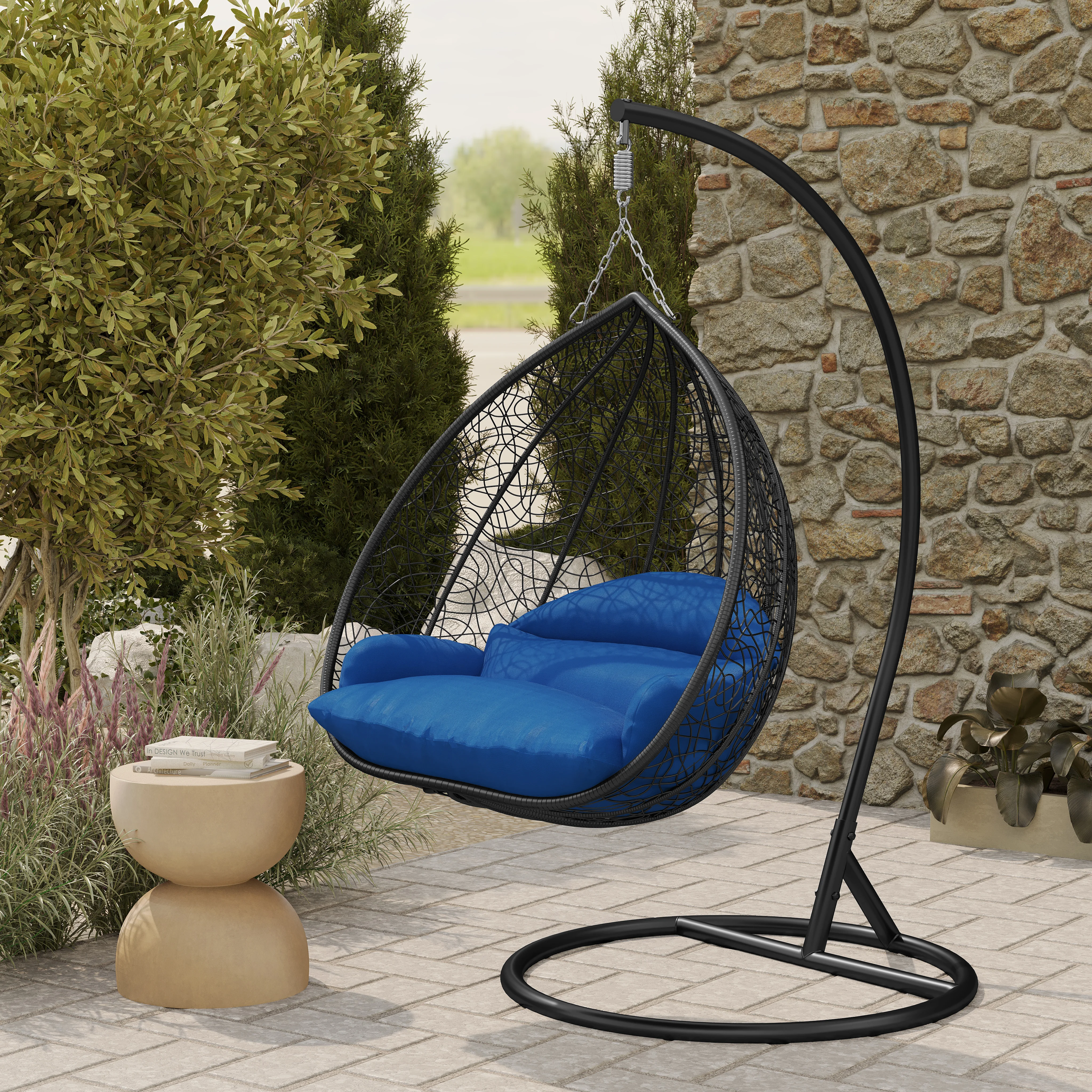 Recluse Collection Modern Outdoor Swing Chair Black Frame with ES57 Blue Cushion