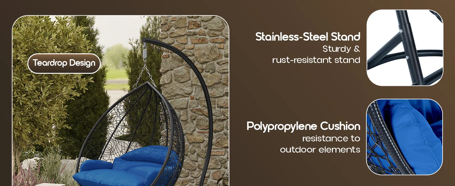 Recluse Collection Modern Outdoor Swing Chair Black Frame with ES57 Blue Cushion