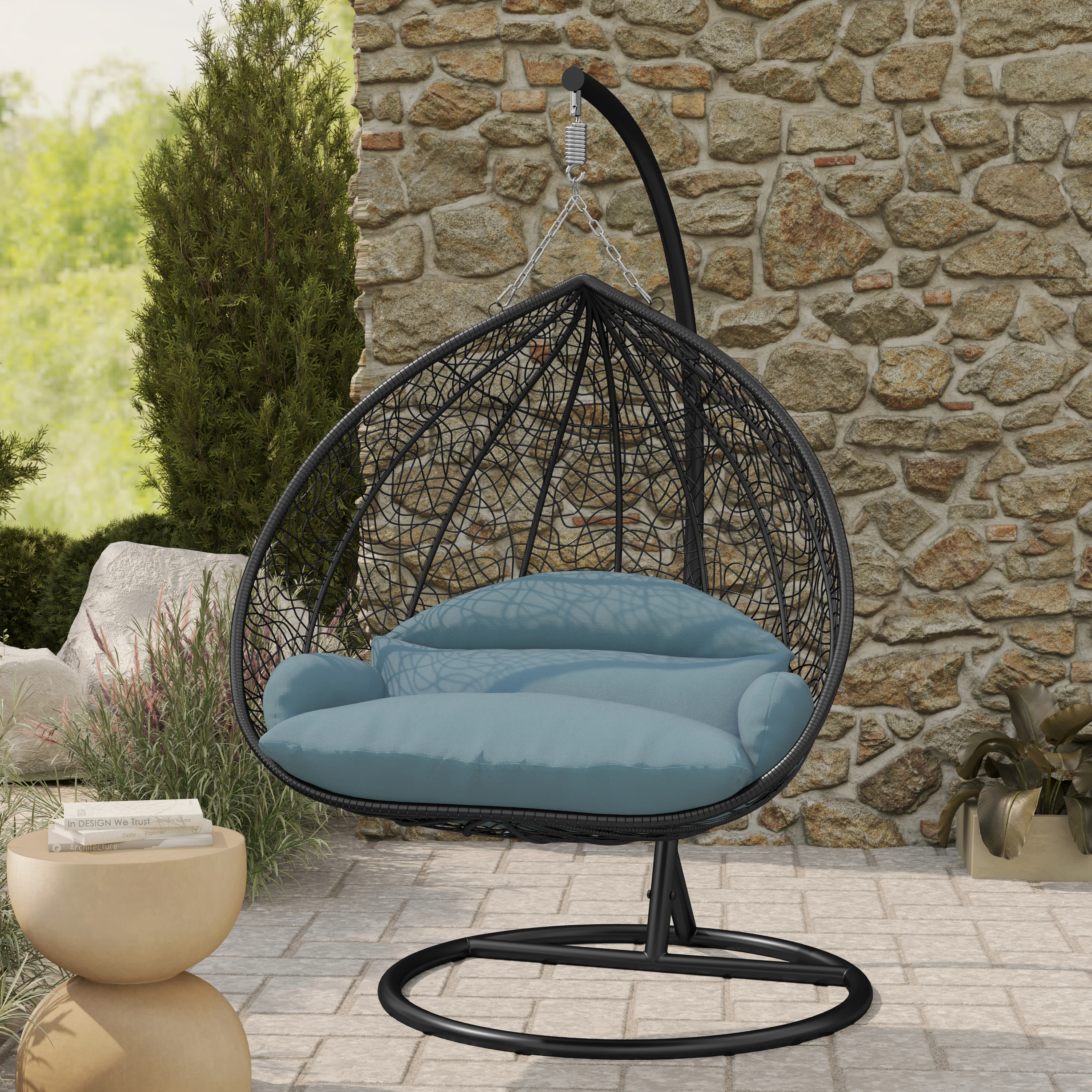Recluse Collection Modern Outdoor Swing Chair Black Frame with ES57 Charcoal Blue Cushion