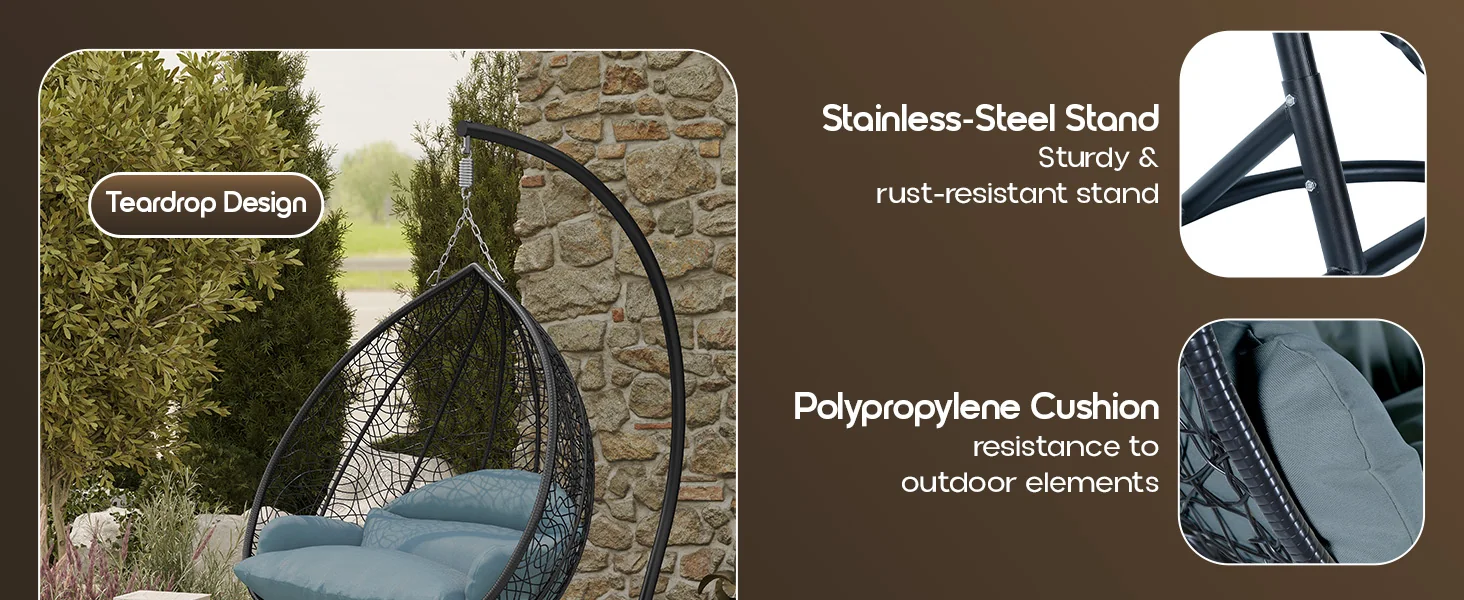 Recluse Collection Modern Outdoor Swing Chair Black Frame with ES57 Charcoal Blue Cushion