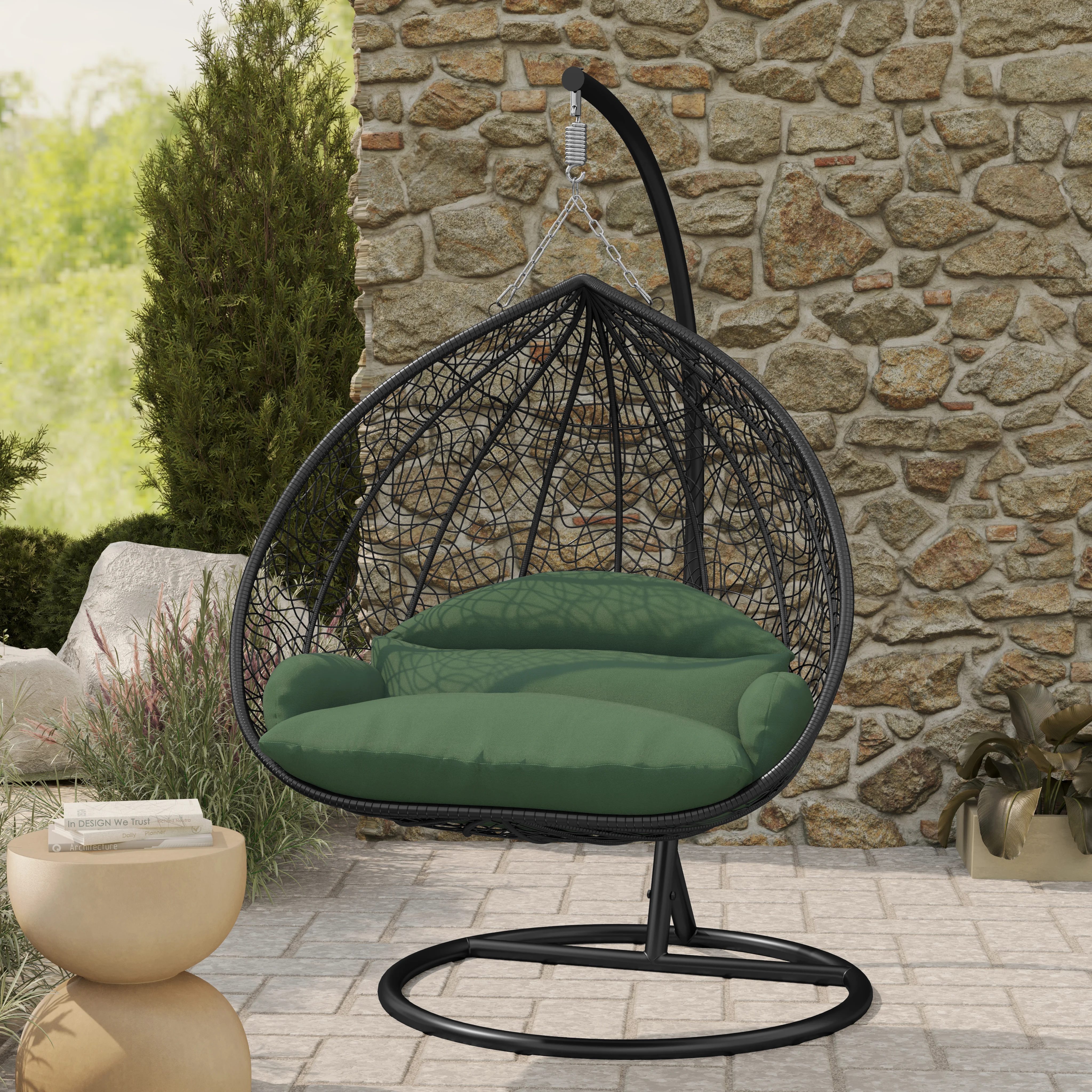 Recluse Collection Modern Outdoor Swing Chair Black Frame with ES57 Dark Green Cushion