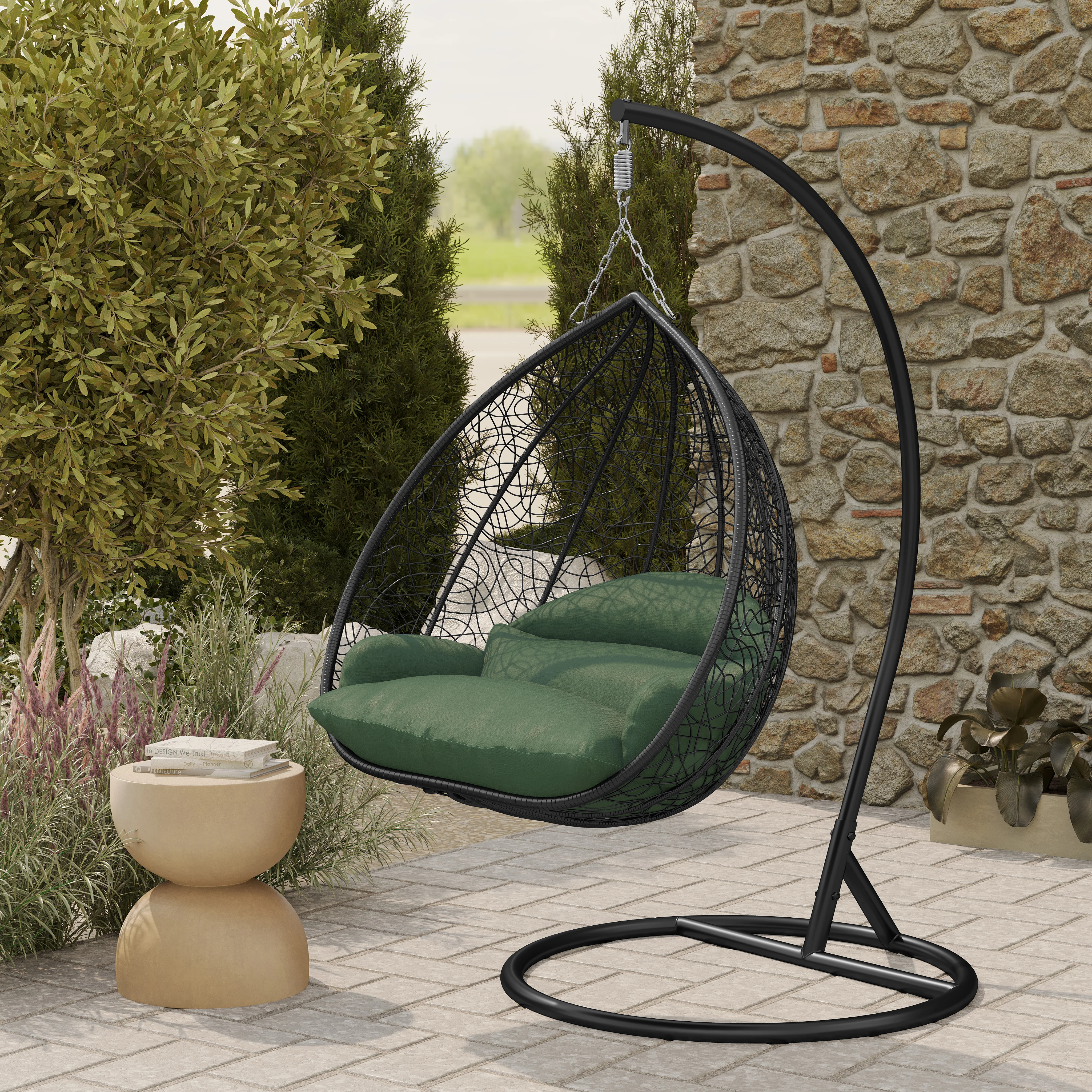 Recluse Collection Modern Outdoor Swing Chair Black Frame with ES57 Dark Green Cushion