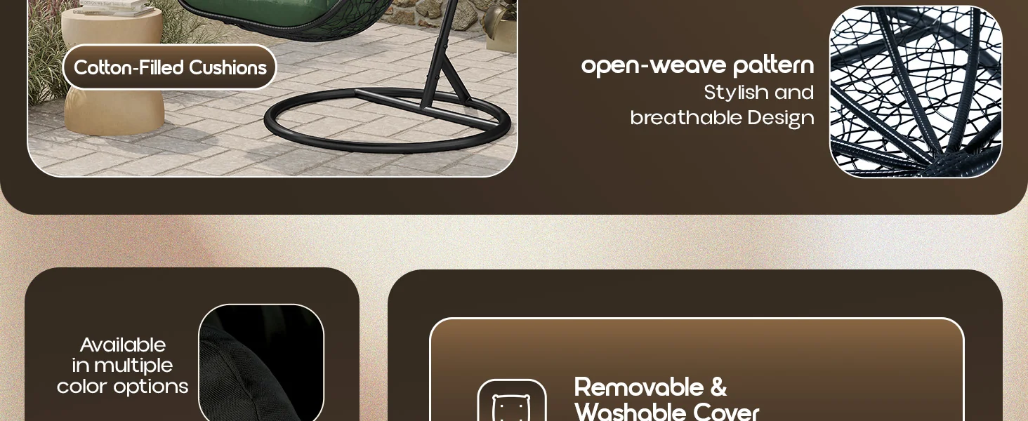 Recluse Collection Modern Outdoor Swing Chair Black Frame with ES57 Dark Green Cushion